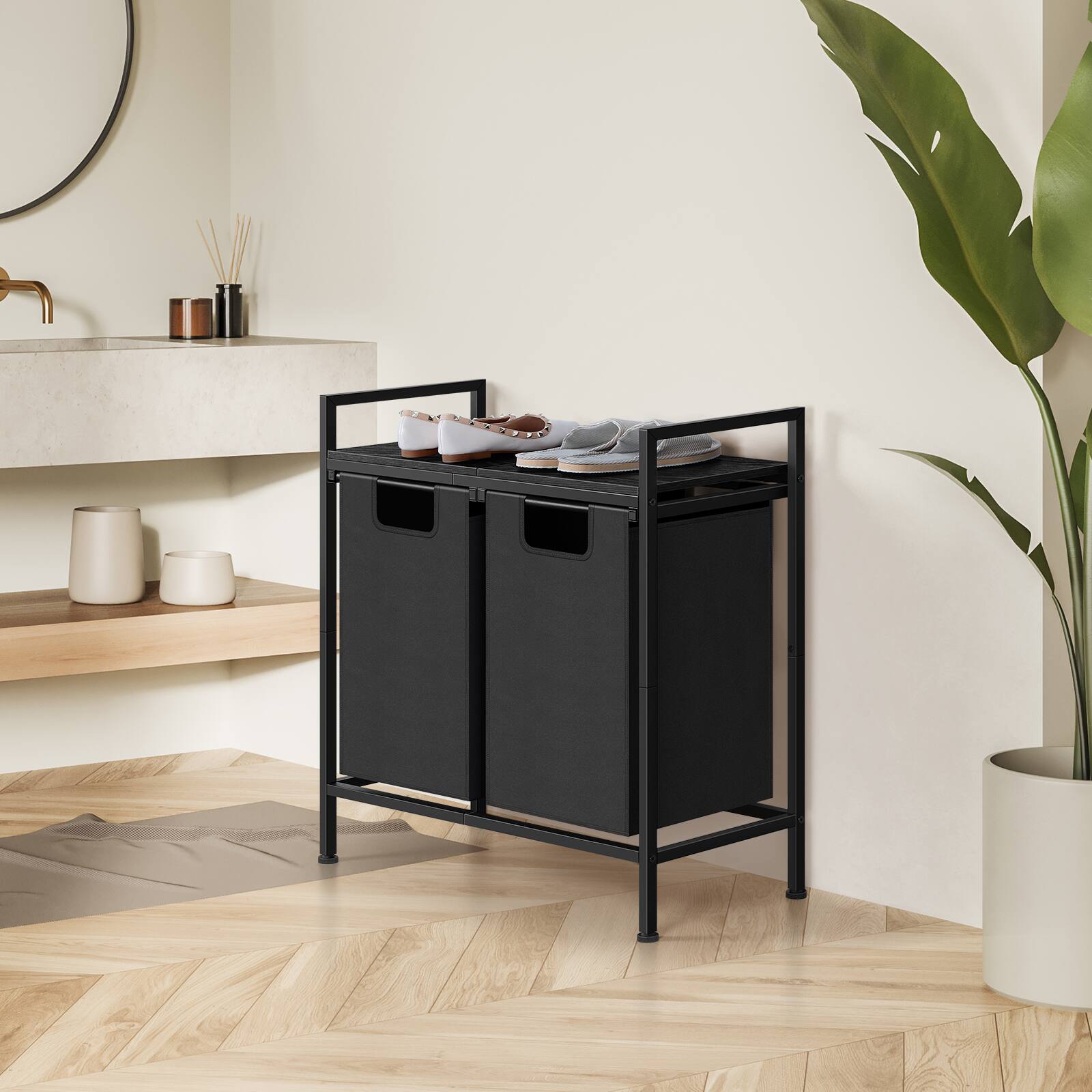 Alt View 2. Oumilen - 2-Section Rolling Laundry Hamper Cart – Metal Sorter with Removable Bags & Top Shelf, Black - Black.
