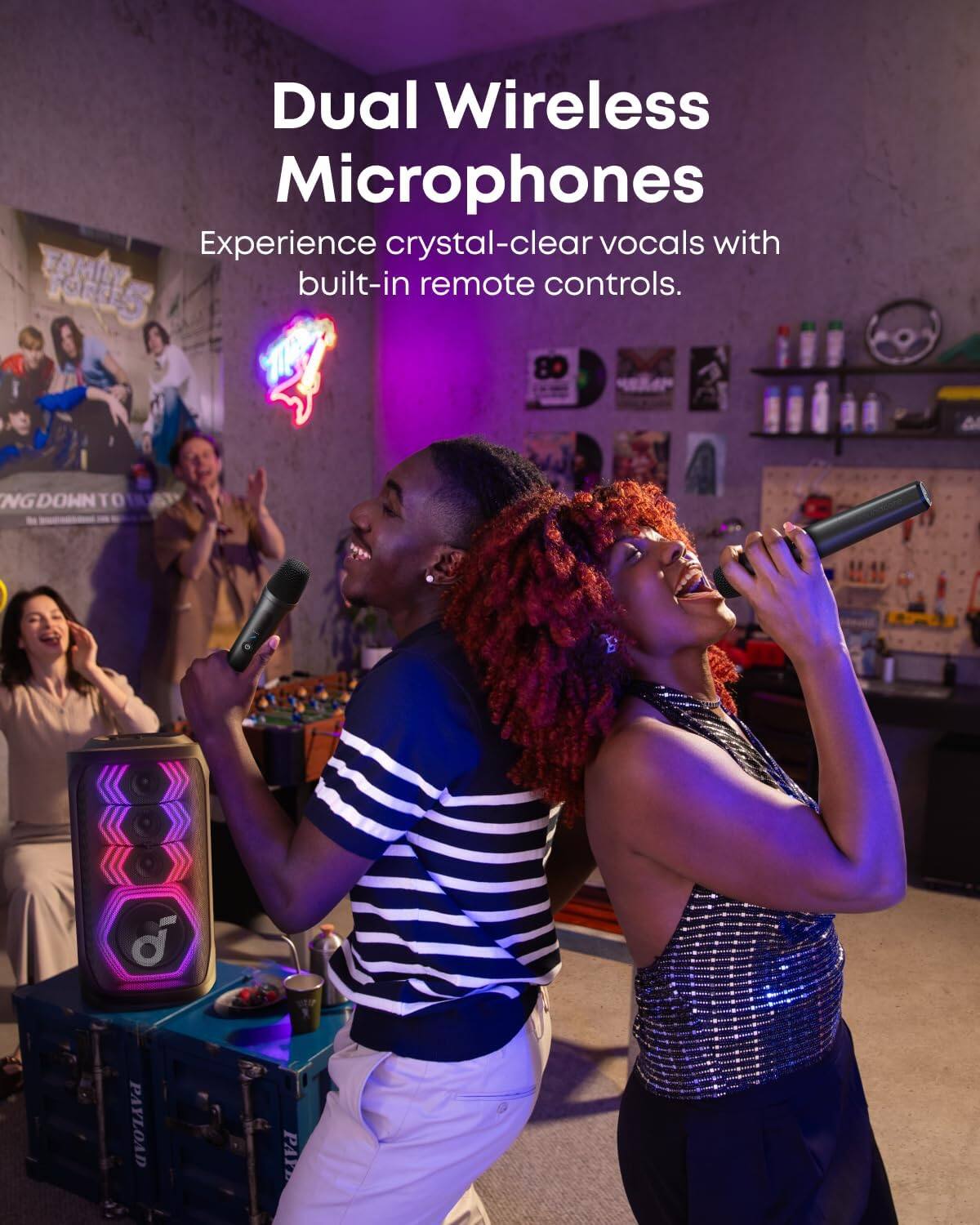Dual Wireless Microphones

Experience crystal-clear vocals with built-in remote controls.