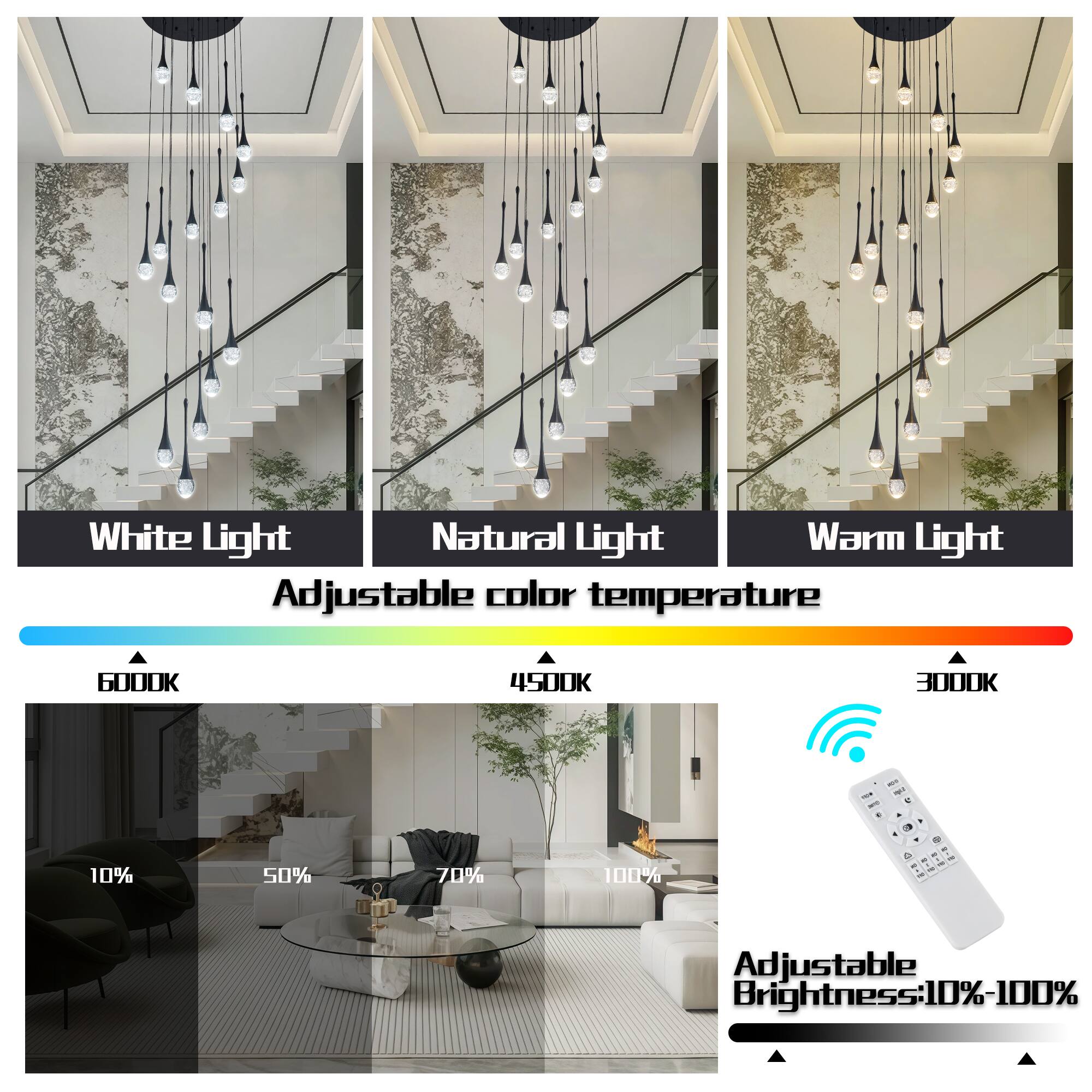 White Light  
Natural Light  
Warm Light  

Adjustable color temperature  
6000K  
4500K  
3000K  

Adjustable Brightness: 10%-100%  

10%  
50%  
70%  
100%  

Adjustable Brightness: 10%-100%
