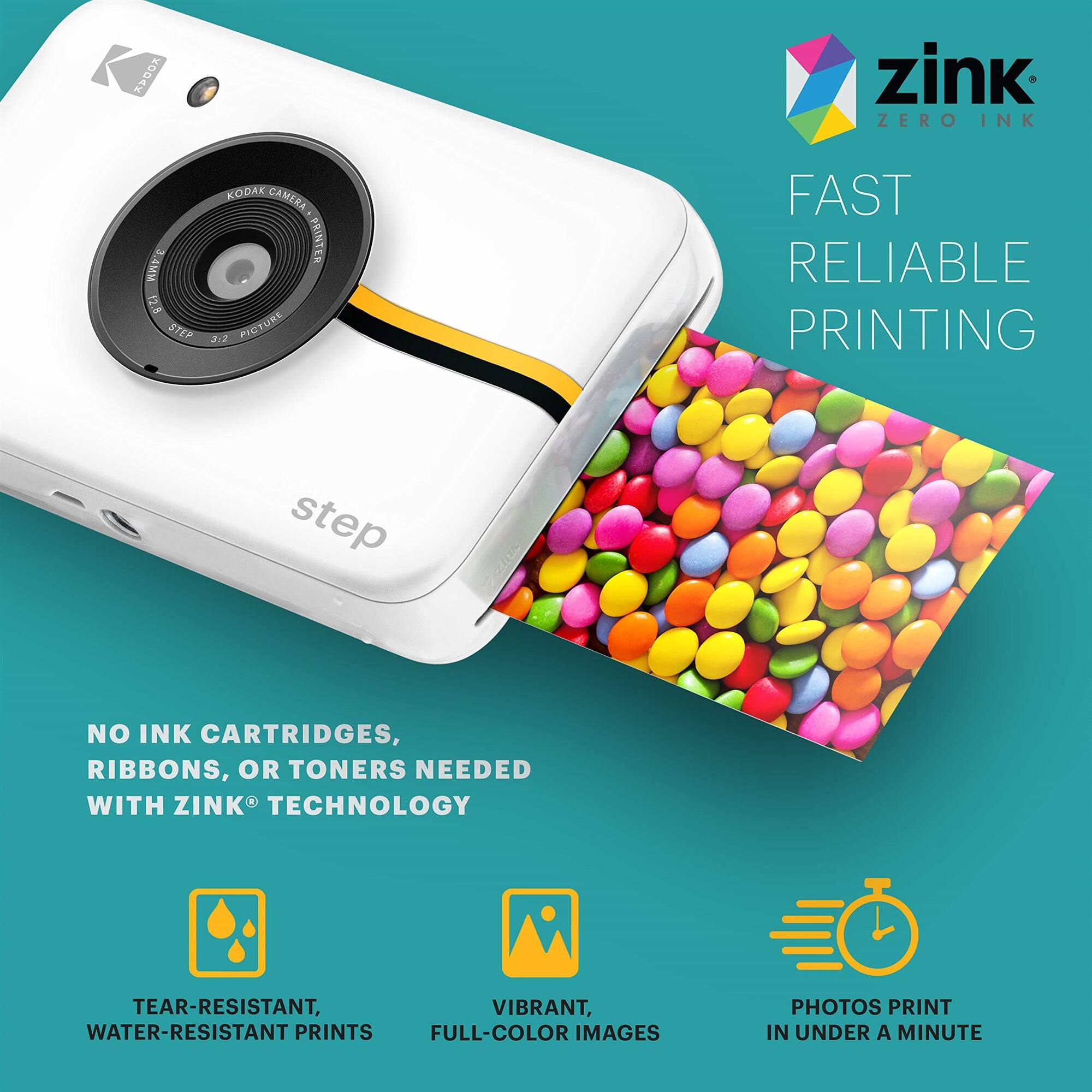KODAK CAMERA PRINTER 212 PICTURE FAST RELIABLE PRINTING step NO INK CARTRIDGES, RIBBONS, OR TONERS NEEDED WITH ZINK TECHNOLOGY TEAR-RESISTANT, VIBRANT, WATER-RESISTANT PRINTS FULL-COLOR IMAGES PHOTOS PRINT IN UNDER A MINUTE