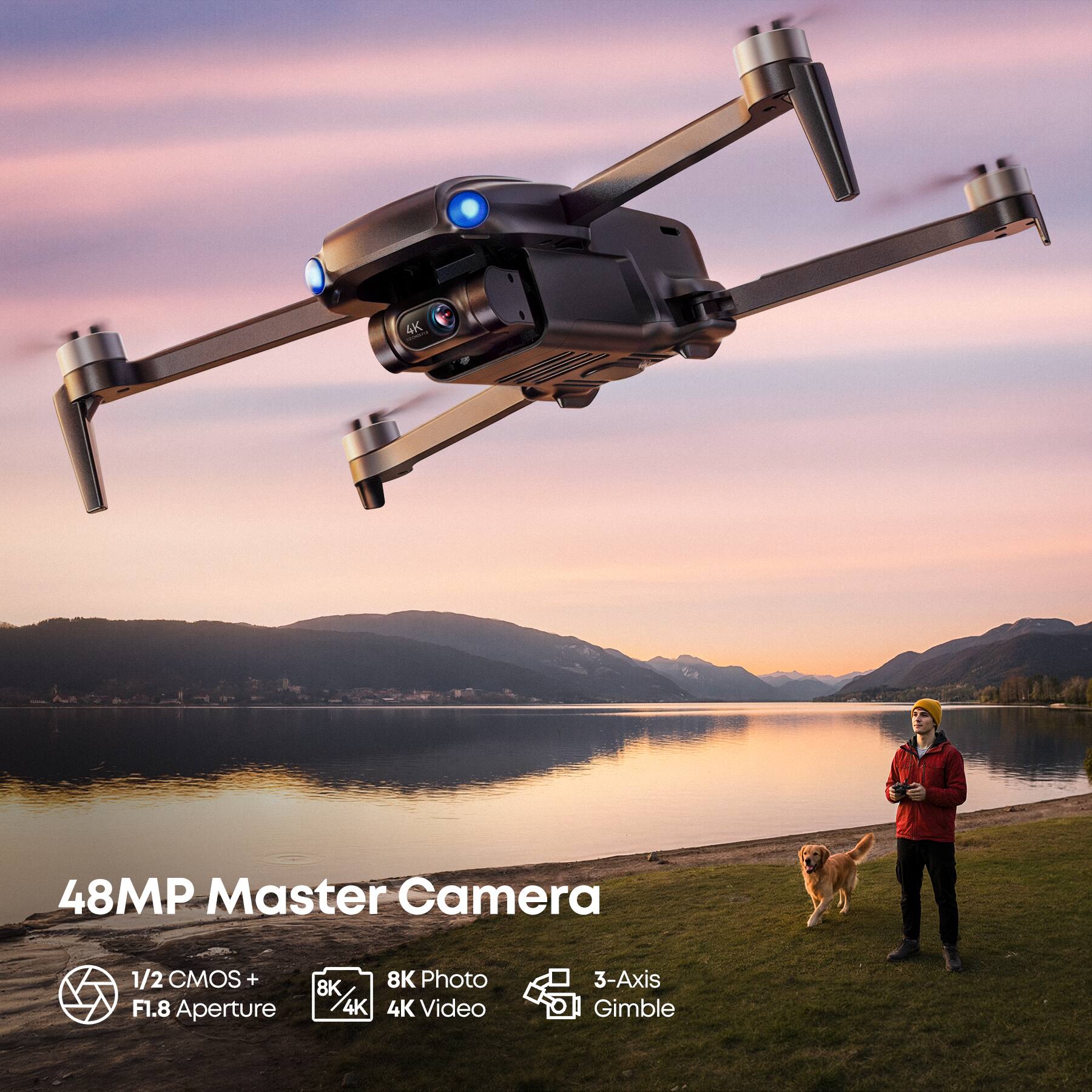 48MP Master Camera  
1/2 CMOS + F1.8 Aperture  
8K Photo  
4K Video  
3-Axis Gimble