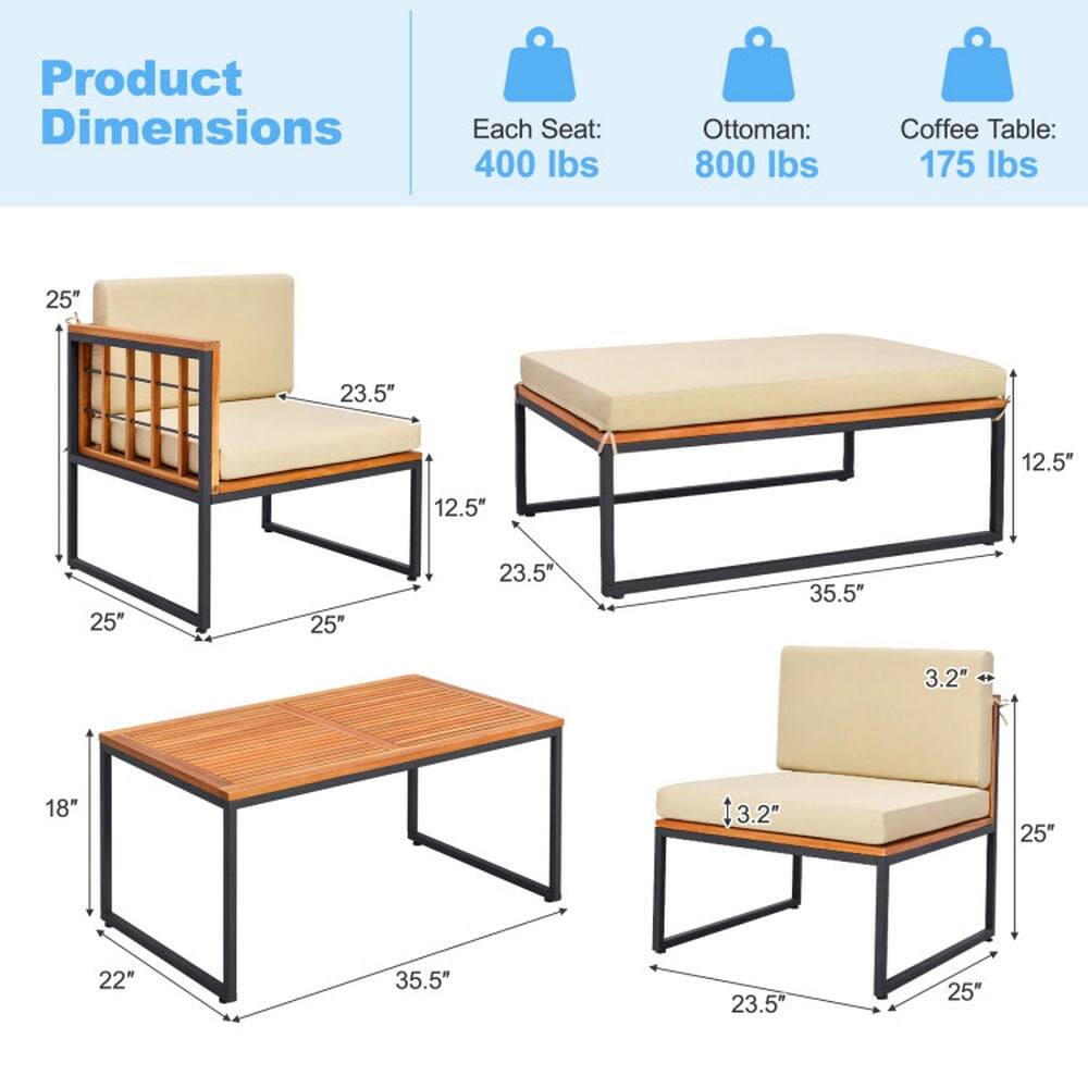 Product Dimensions

Each Seat: 400 lbs  
Ottoman: 800 lbs  
Coffee Table: 175 lbs  

25" x 23.5" x 12.5"  
25" x 23.5" x 35.5"  
3.2" x 18" x 22" x 35.5"  
25" x 23.5" x 25"