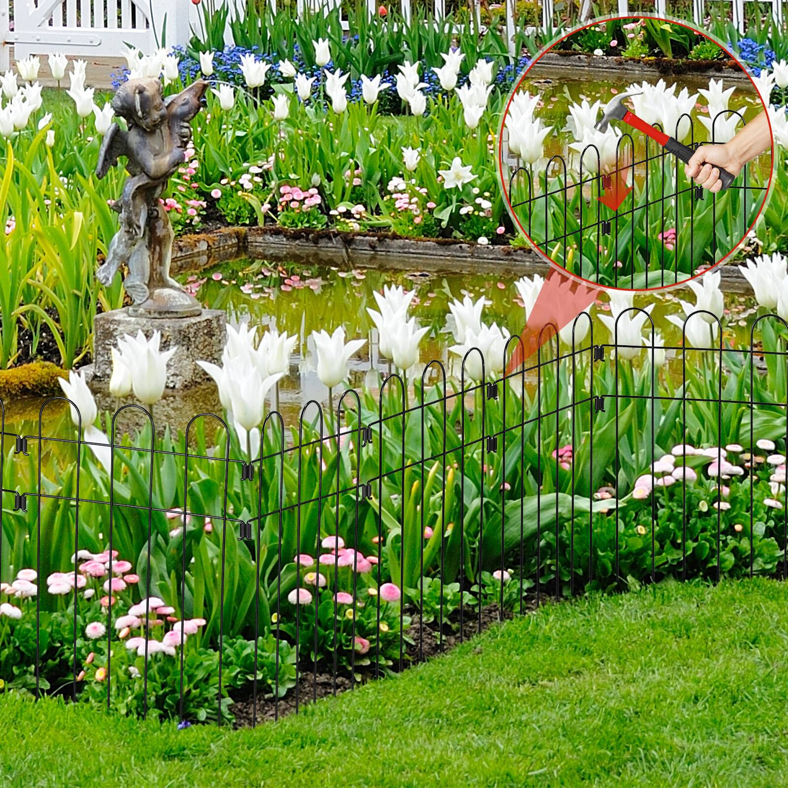 Left. Oumilen - 30-Pack No Dig Animal Barrier Fence, 16.5in Tall Black Metal Garden Border with 1.5in Spike Spacing.