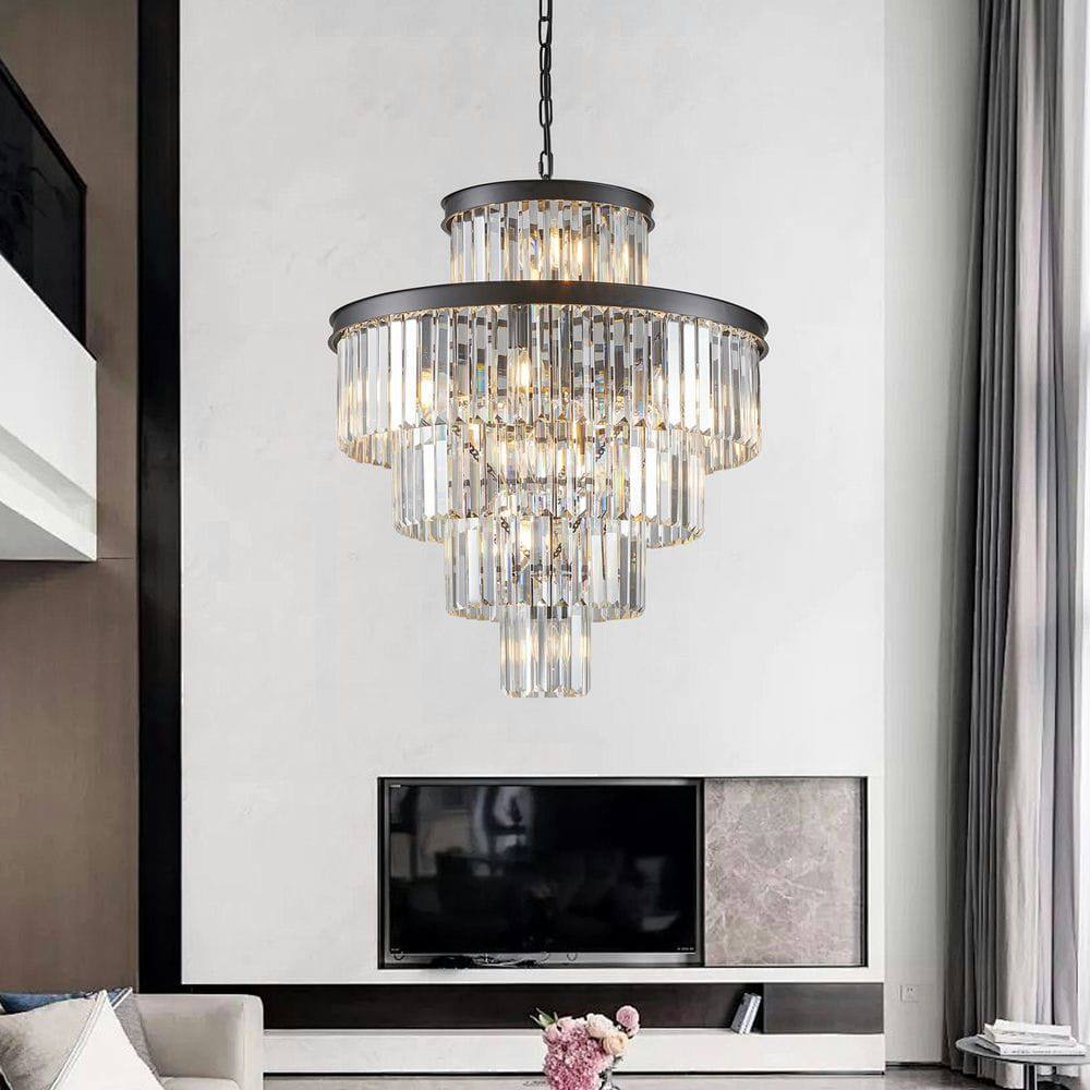 Alt View 6. Kadyn - 24" Luxury Crystal Chandelier with Black Finish – Elegant 15-Light 5 Tier Pendant Light Fixture, Black - Black.