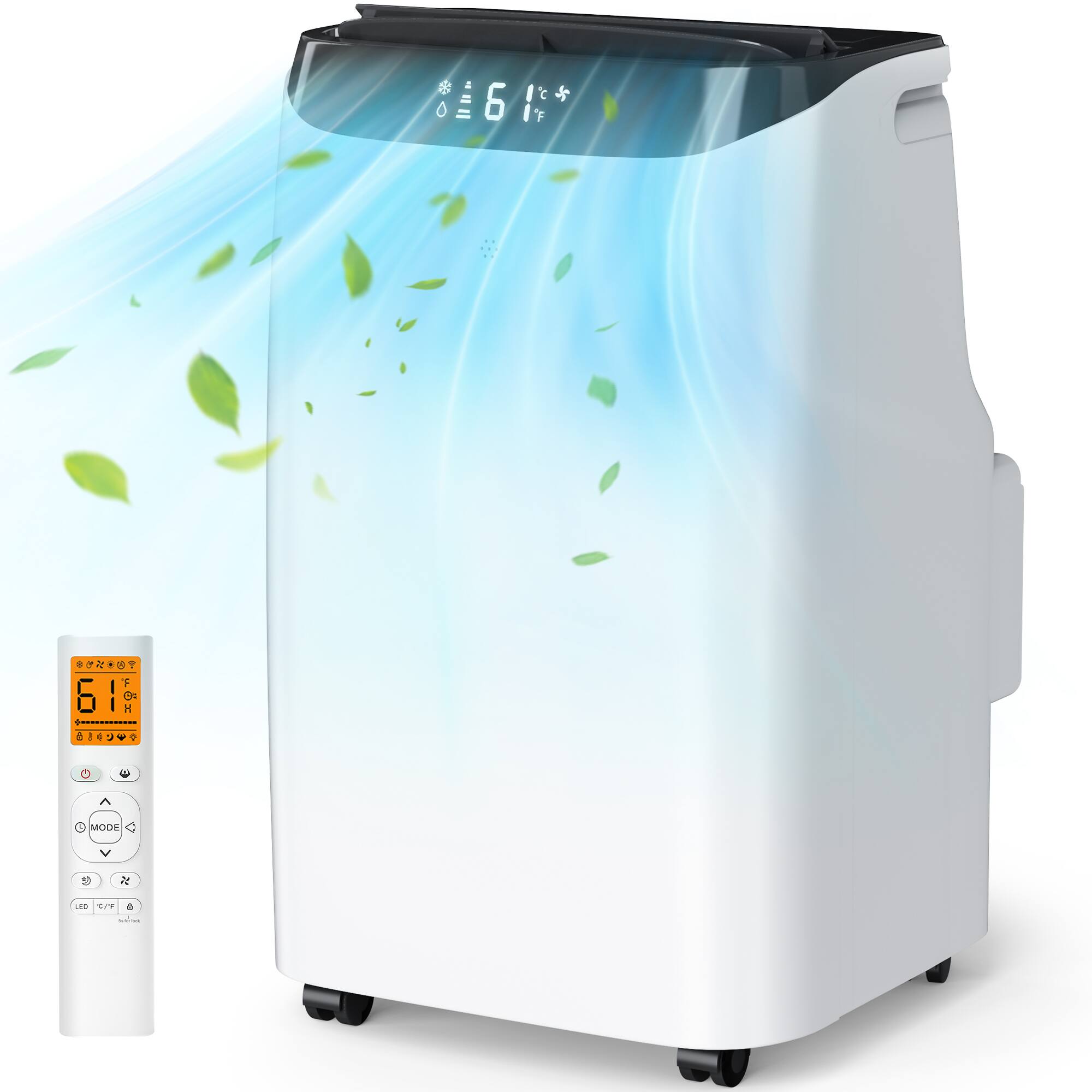 The text on the image can be grouped and corrected as follows:

- **Temperature Display:**
  - 61°F

- **Control Panel:**
  - MODE
  - LED
  - V/F
  - (Other icons and buttons)

- **Additional Text:**
  - (Icons and symbols indicating settings or functions, such as fan speed, timer, etc.)

The corrected text is:

- 61°F
- MODE
- LED
- V/F