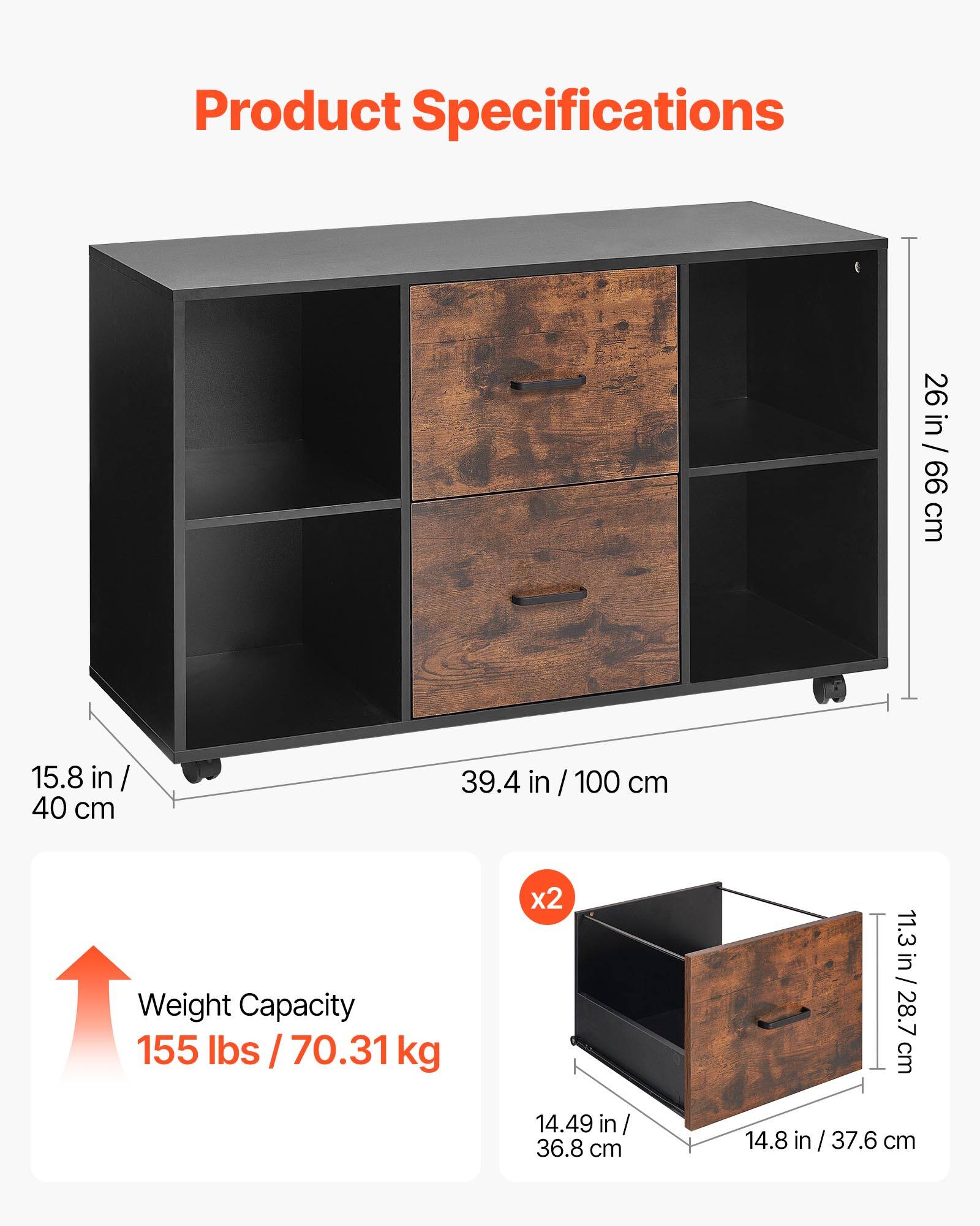 Product Specifications

- Height: 26 in / 66 cm
- Width: 39.4 in / 100 cm
- Depth: 15.8 in / 40 cm

Weight Capacity: 155 lbs / 70.31 kg

Drawer Dimensions (x2):
- Height: 11.3 in / 28.7 cm
- Width: 14.49 in / 36.8 cm
- Depth: 14.8 in / 37.6 cm