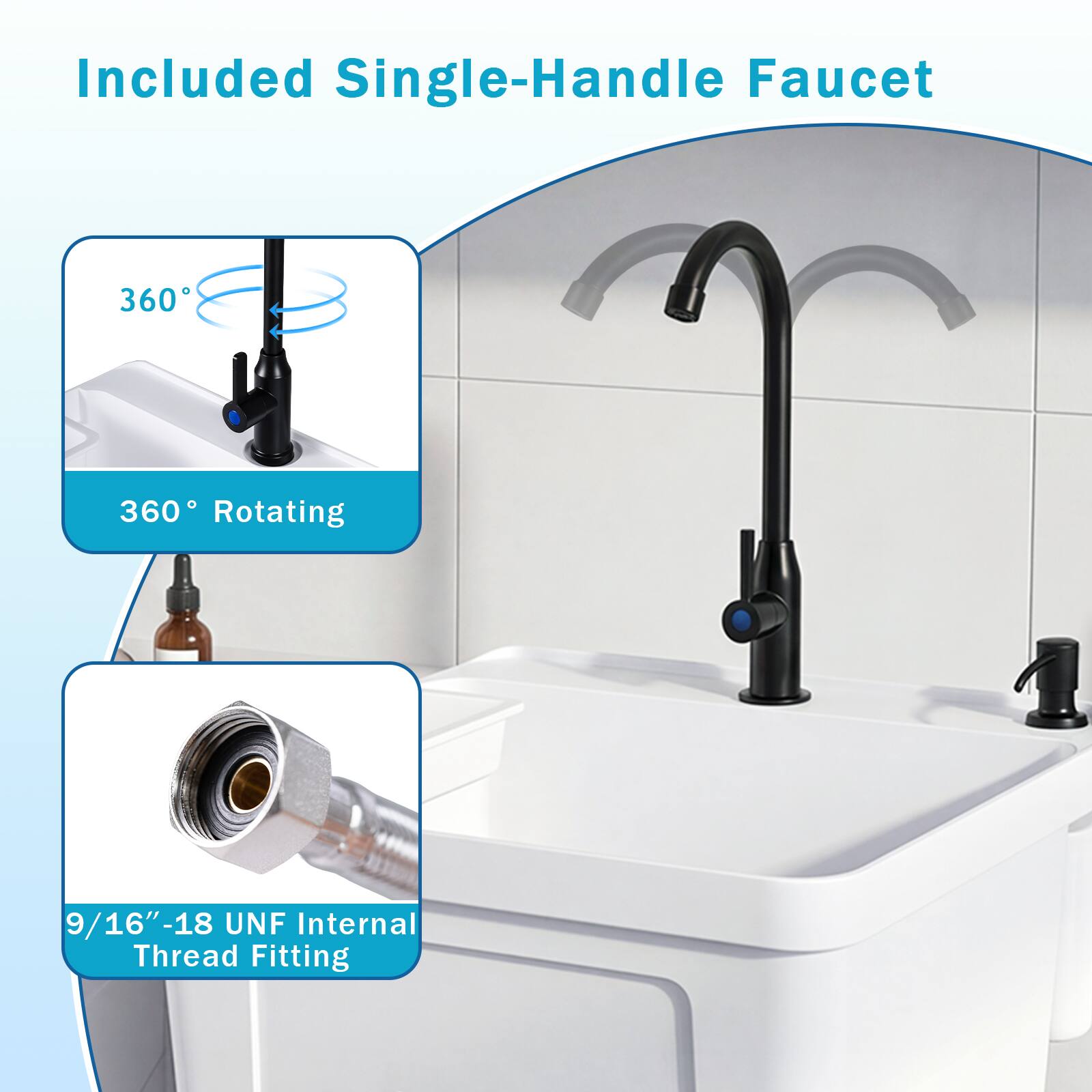Included Single-Handle Faucet  
360° Rotating  
9/16" -18 UNF Internal Thread Fitting
