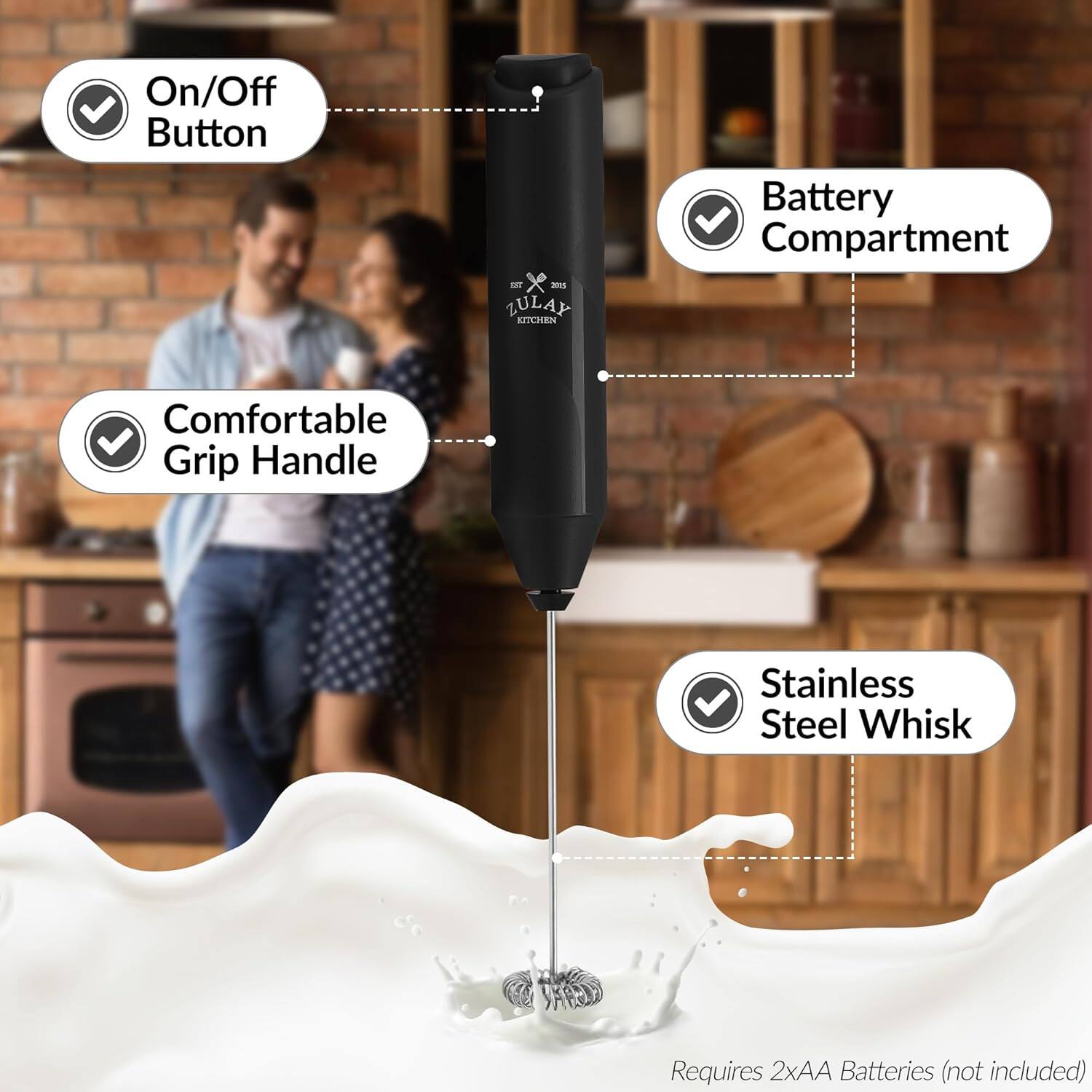 On/Off Button  
Comfortable Grip Handle  
Battery Compartment  
Stainless Steel Whisk  
Requires 2xAA Batteries (not included)
