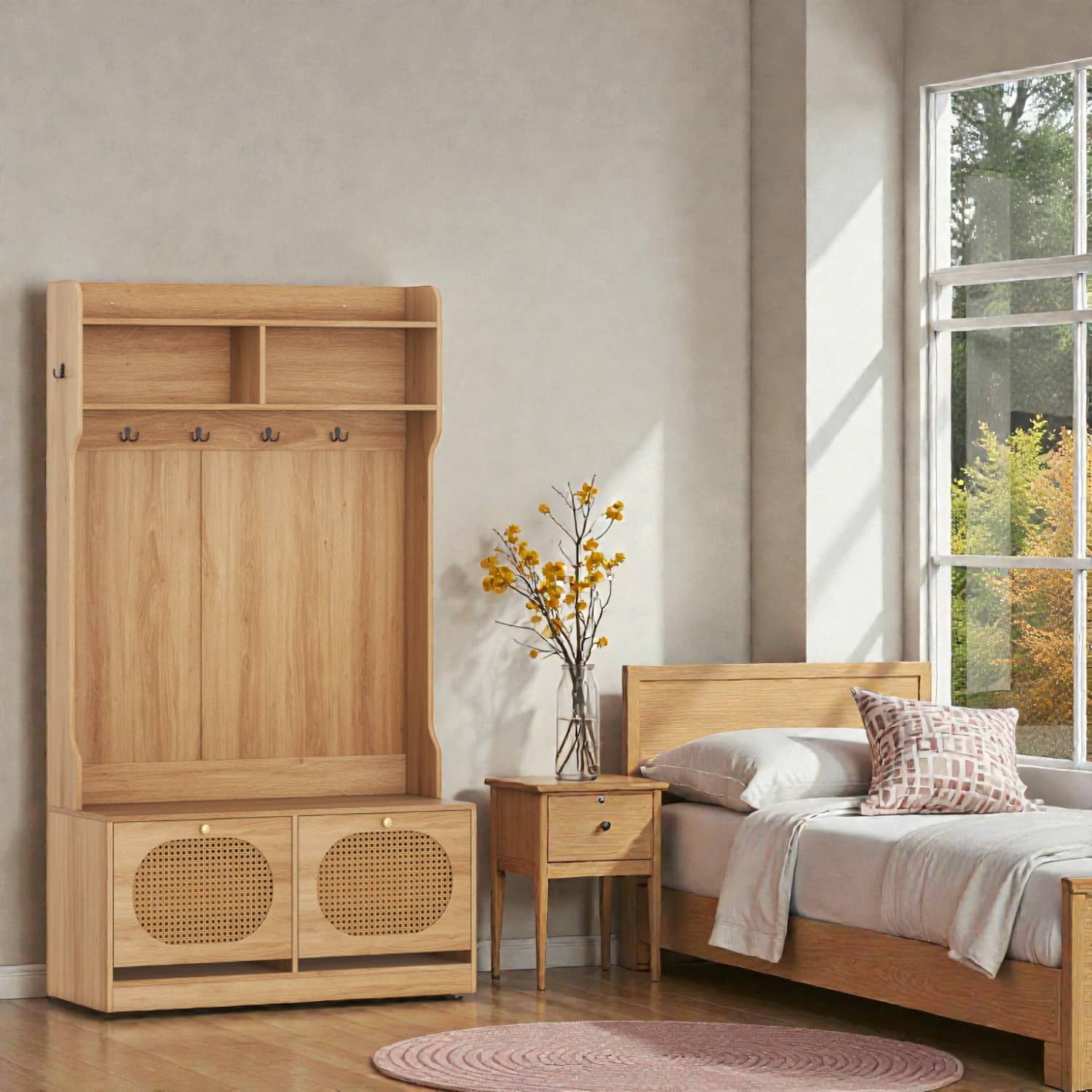 Hivvago - Space-Saving Entryway Organizer with 4-in-1 Coat Rack and Flip Storage - Natural