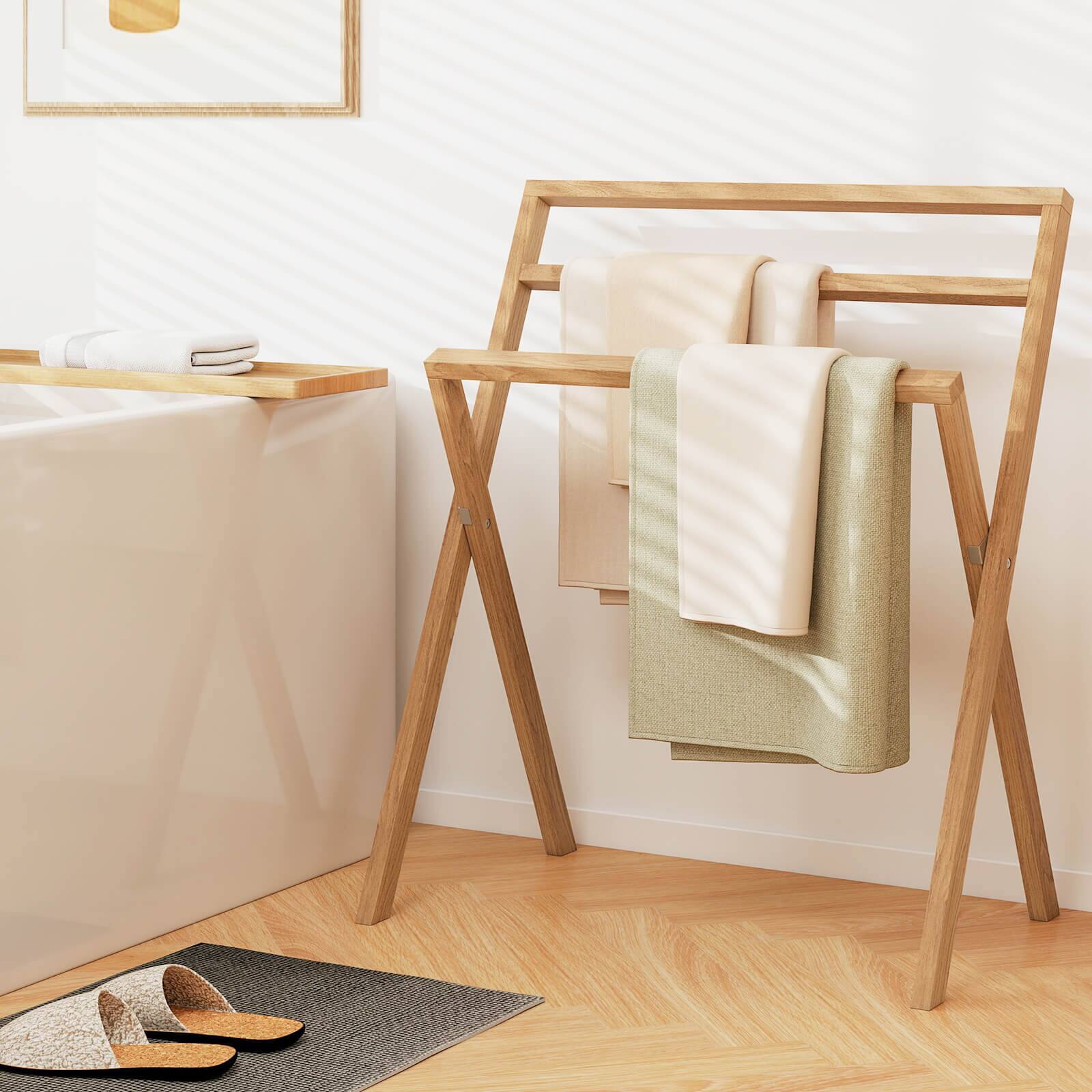 Alt View 1. Costway - Costway Freestanding Towel Rack Foldable Teak Wood Blanket Holder with 3 Hanging Crossbars - Beige.
