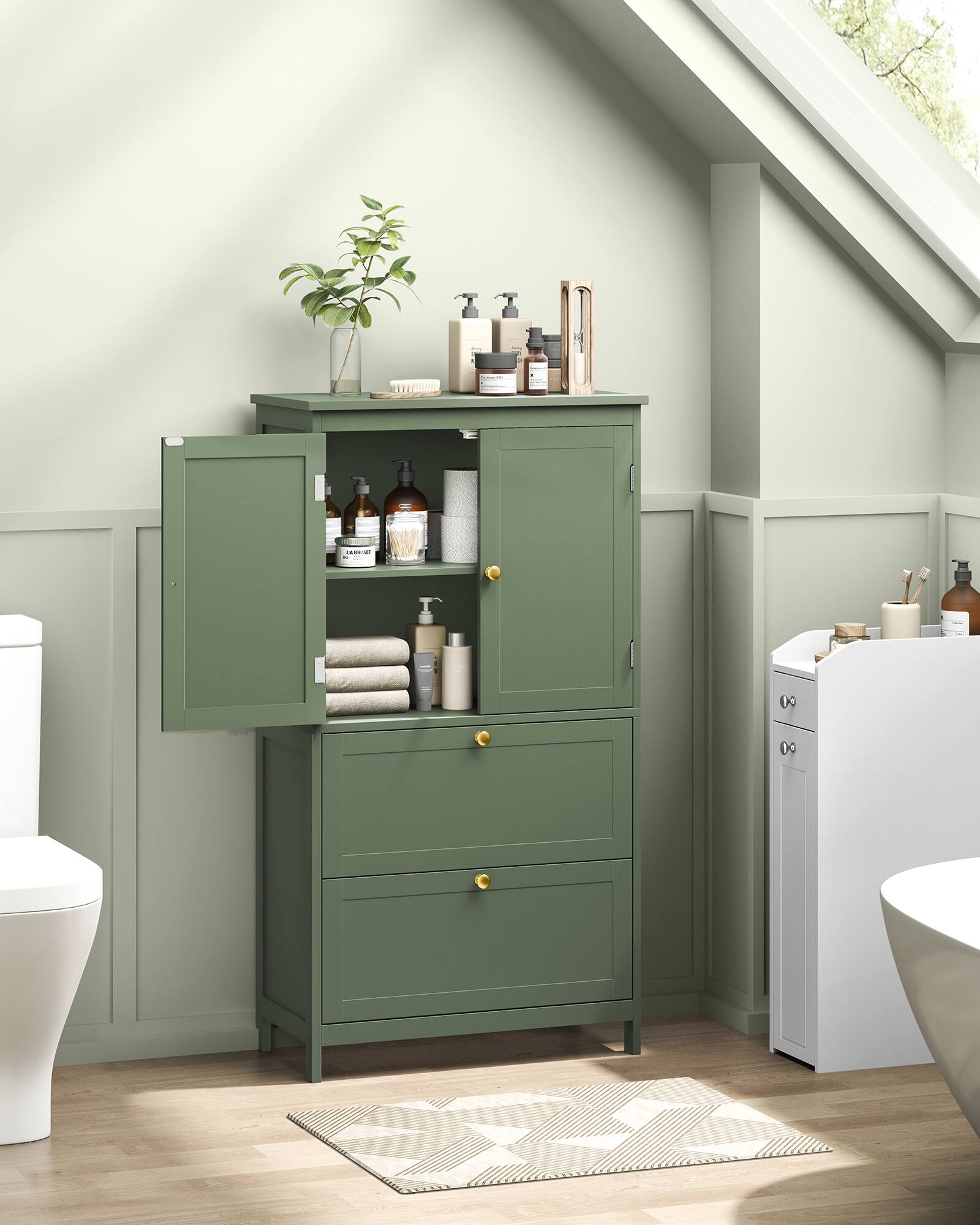 Alt View 3. Songmics Home - Bathroom Floor Storage Cabinet, Bathroom Storage Unit, Freestanding Cabinet, 11.8 x 23.6 x 43.3 Inches - Forest Green.