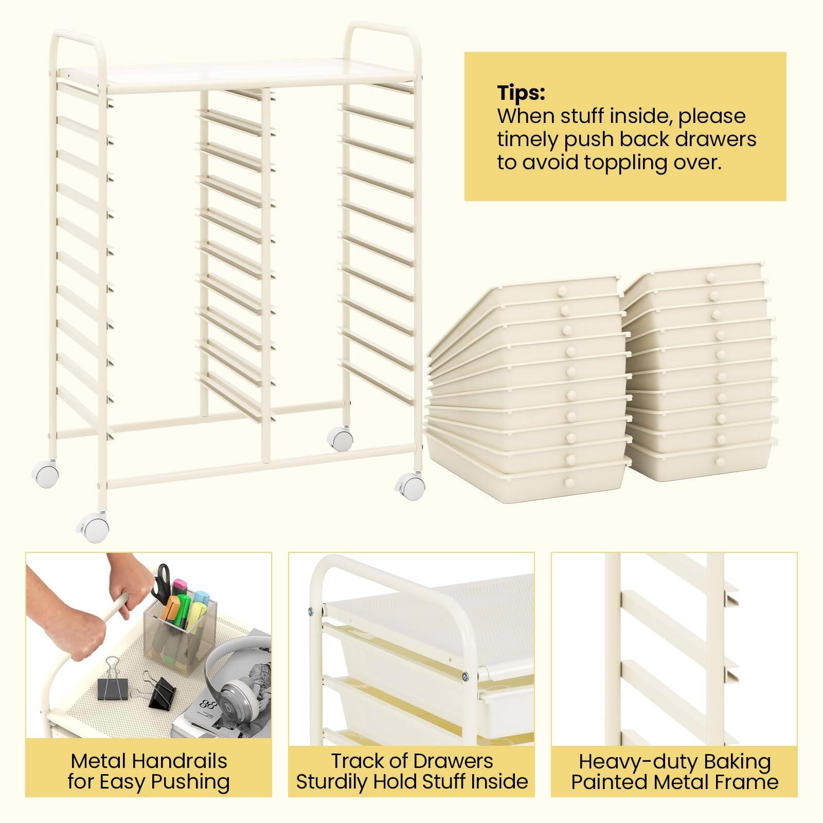 Tips: When stuff inside, please timely push back drawers to avoid toppling over.

Metal Handrails for Easy Pushing

Track of Drawers Sturdily Hold Stuff Inside

Heavy-duty Baking Painted Metal Frame