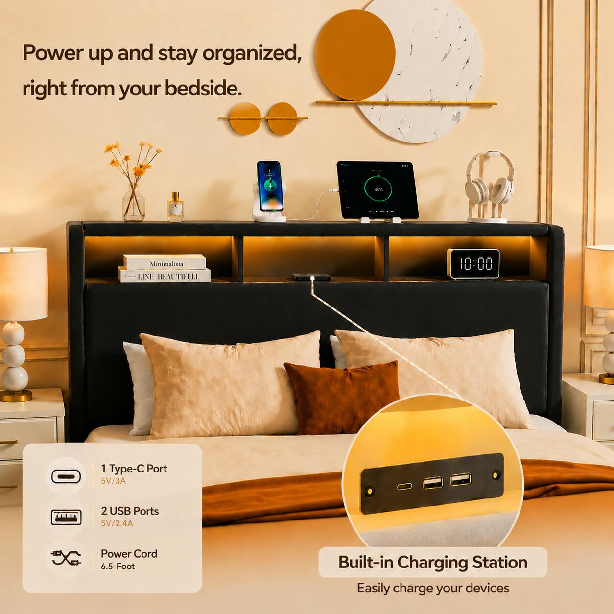 Power up and stay organized, right from your bedside.

Minimalista LIVE

1 Type-C Port 5V/3A
2 USB Ports 5V/2.4A
Power Cord 6.5-Foot

Built-in Charging Station
Easily charge your devices