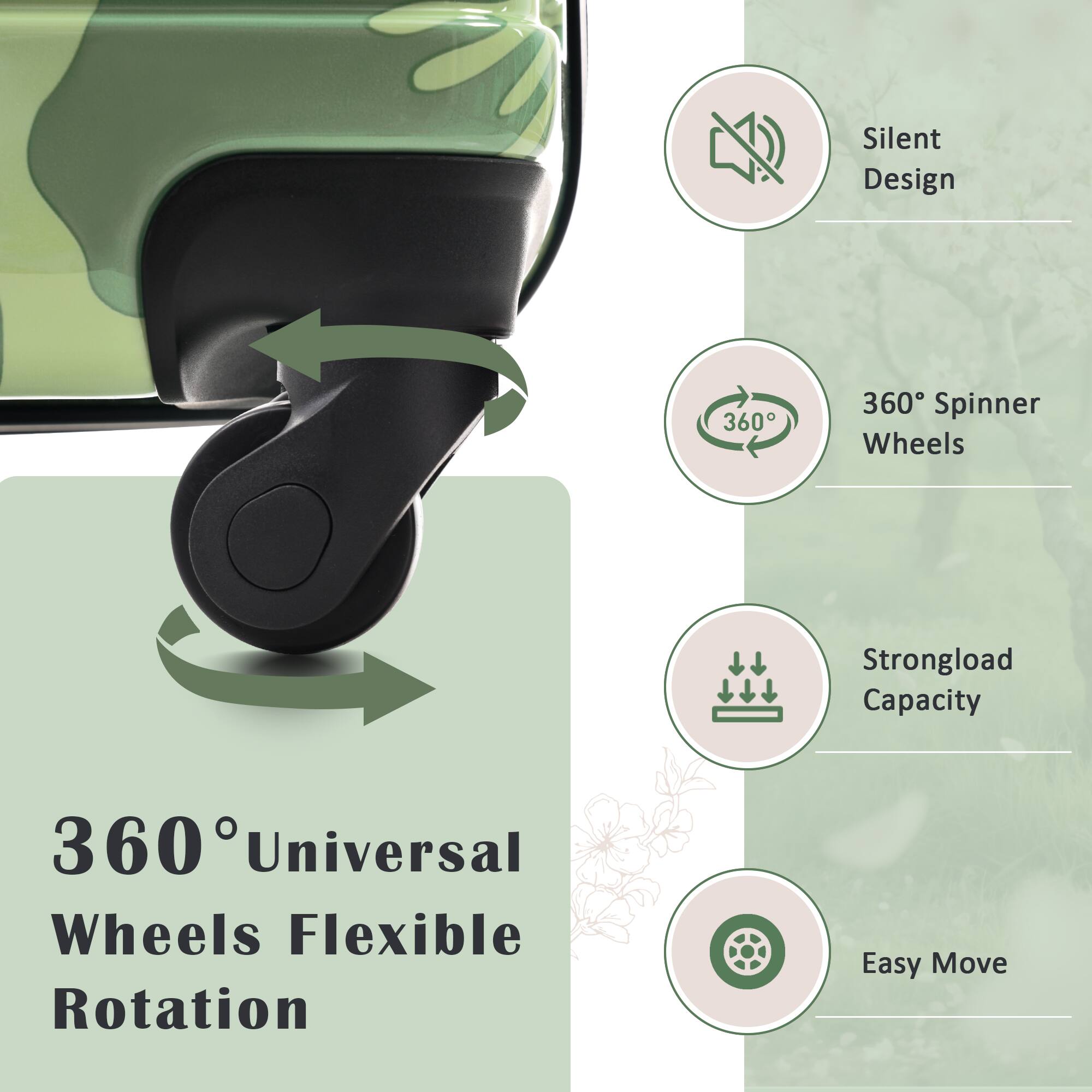 - Silent Design
- 360° Spinner Wheels
- Strongload Capacity
- 360° Universal Wheels Flexible Rotation
- Easy Move