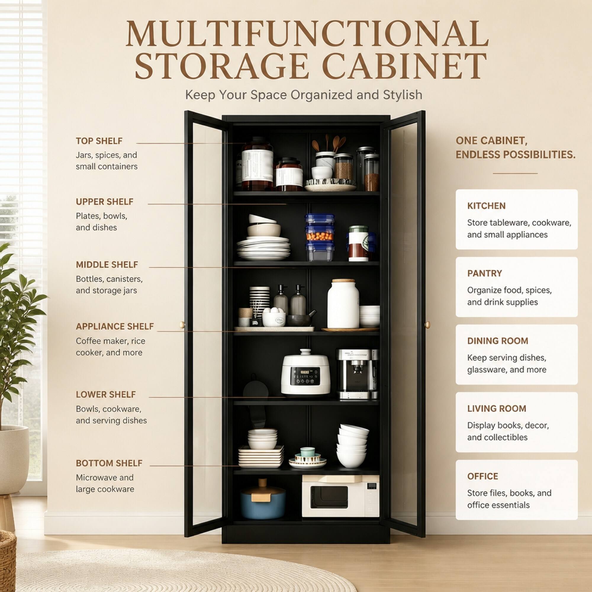 MULTIFUNCTIONAL STORAGE CABINET  
Keep Your Space Organized and Stylish

TOP SHELF  
Jars, spices, and small containers

UPPER SHELF  
Plates, bowls, and dishes

MIDDLE SHELF  
Bottles, canisters, and storage jars

APPLIANCE SHELF  
Coffee maker, rice cooker, and more

LOWER SHELF  
Bowls, cookware, and serving dishes

BOTTOM SHELF  
Microwave and large cookware

ONE CABINET, ENDLESS POSSIBILITIES.

KITCHEN  
Store tableware, cookware, and small appliances

PANTRY  
Organize food, spices, and drink supplies

DINING ROOM  
Keep serving dishes, glassware, and more

LIVING ROOM  
Display books, decor, and collectibles

OFFICE  
Store files, books, and office essentials