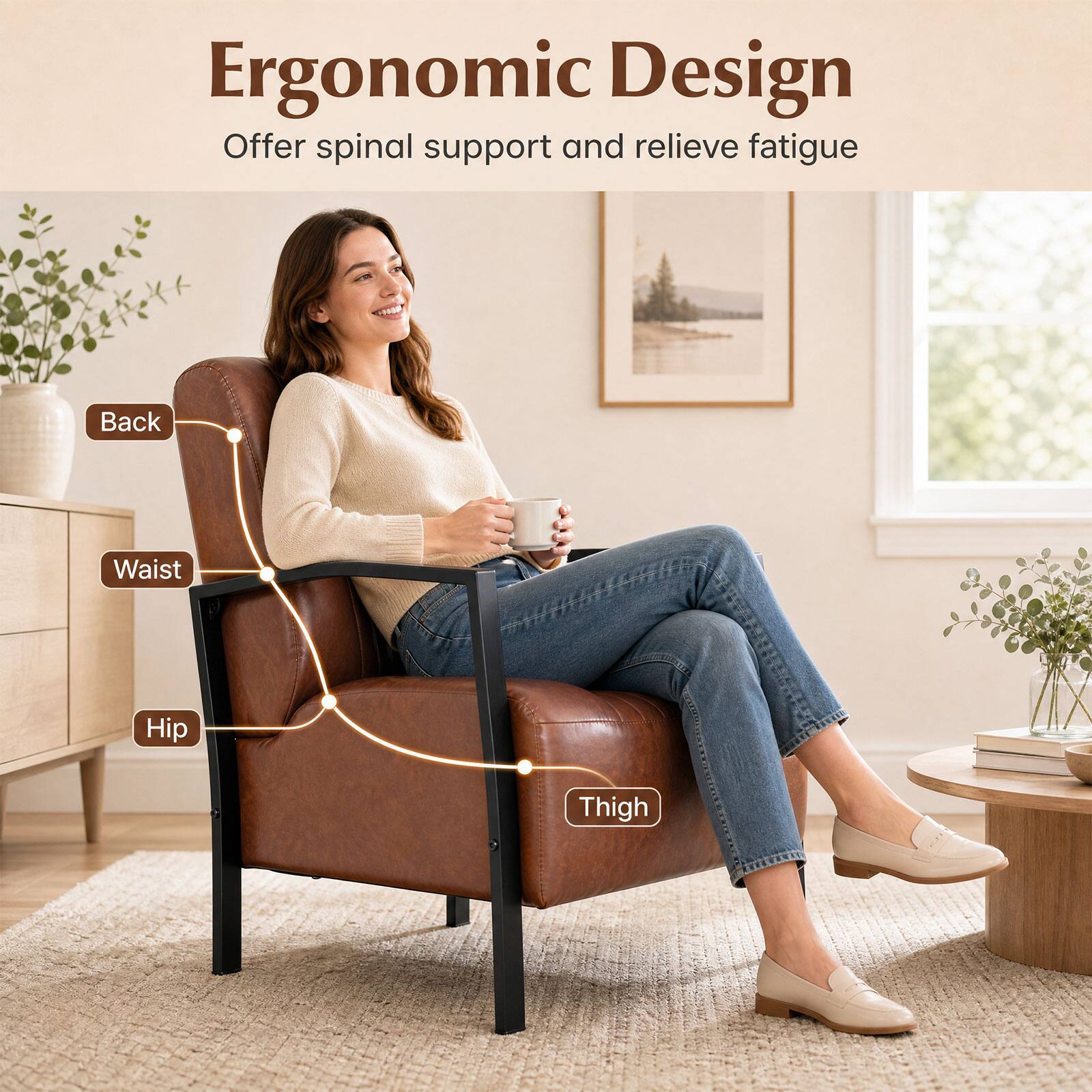 Ergonomic Design  
Offer spinal support and relieve fatigue  

Back  
Waist  
Hip  
Thigh