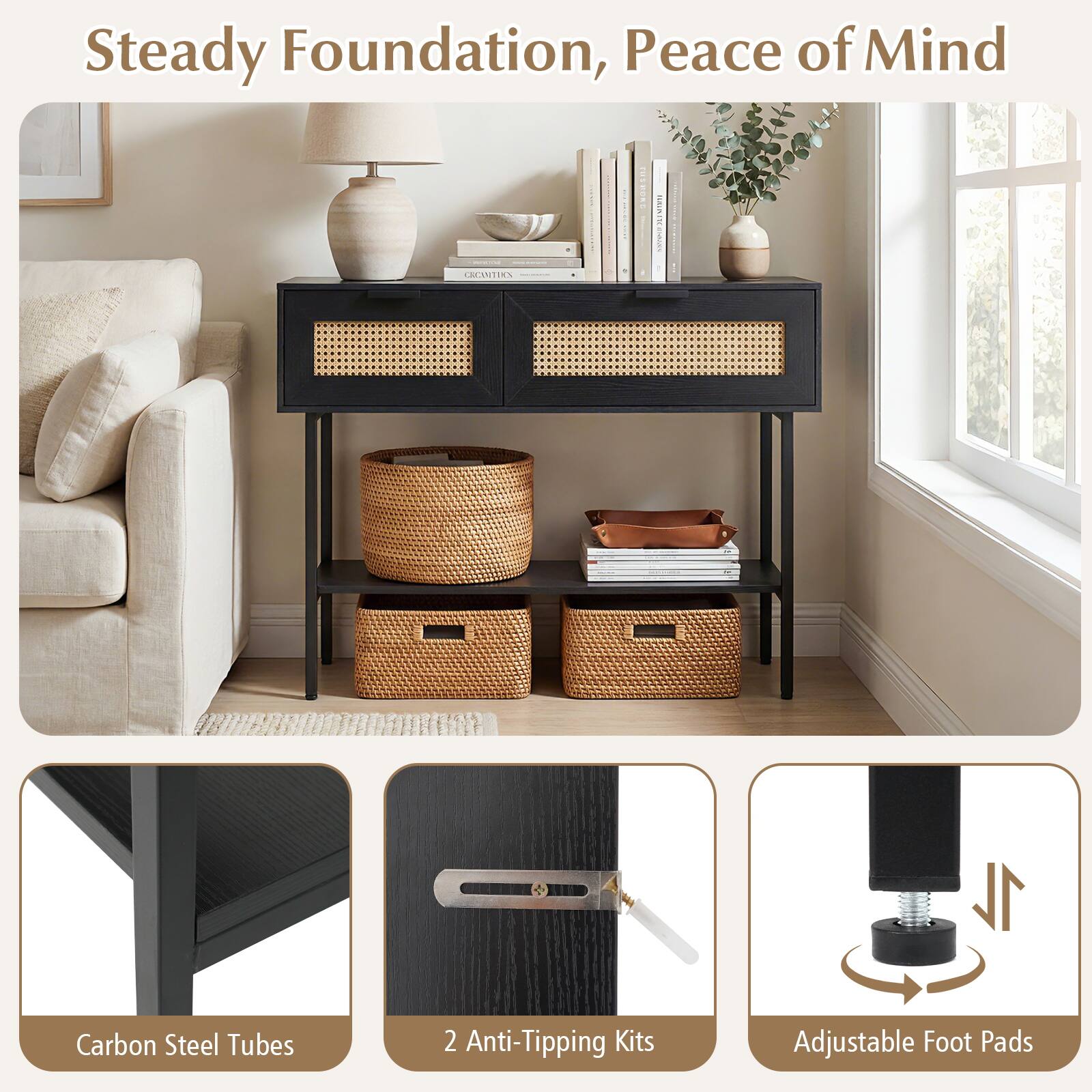 Steady Foundation, Peace of Mind

1. Carbon Steel Tubes
2. 2 Anti-Tipping Kits
3. Adjustable Foot Pads