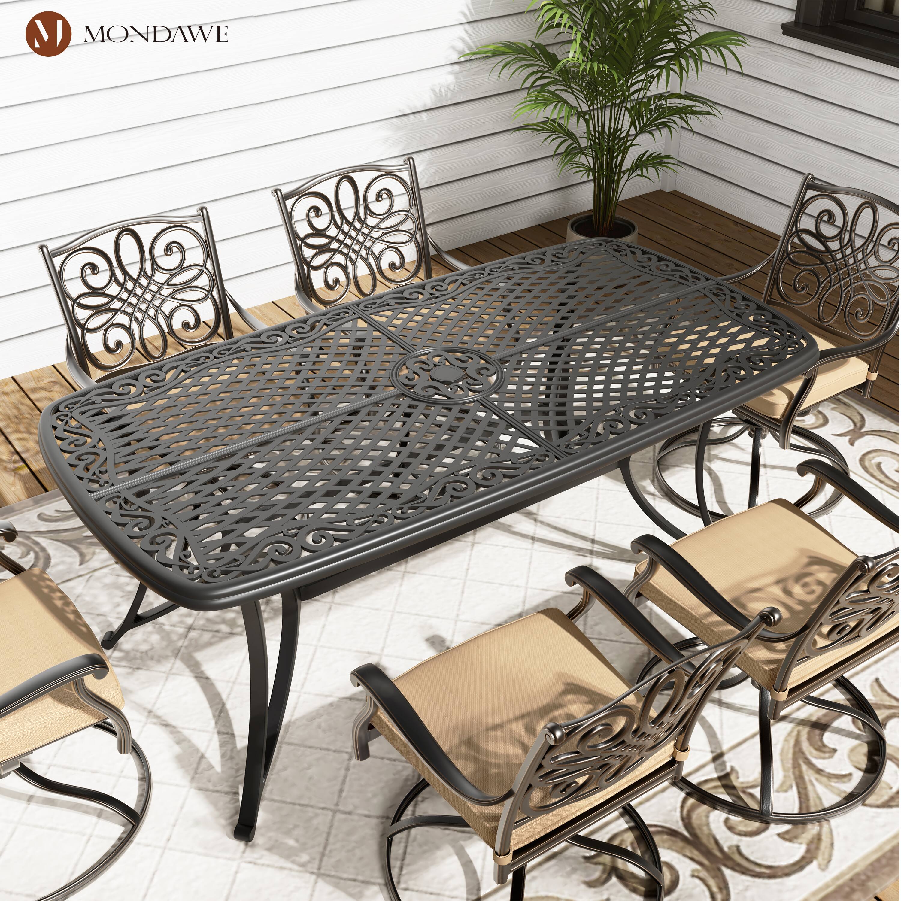 Left. Mondawe - Rectangular Round Corner Cast Aluminum Dining Table with Umbrella Hole - Black.