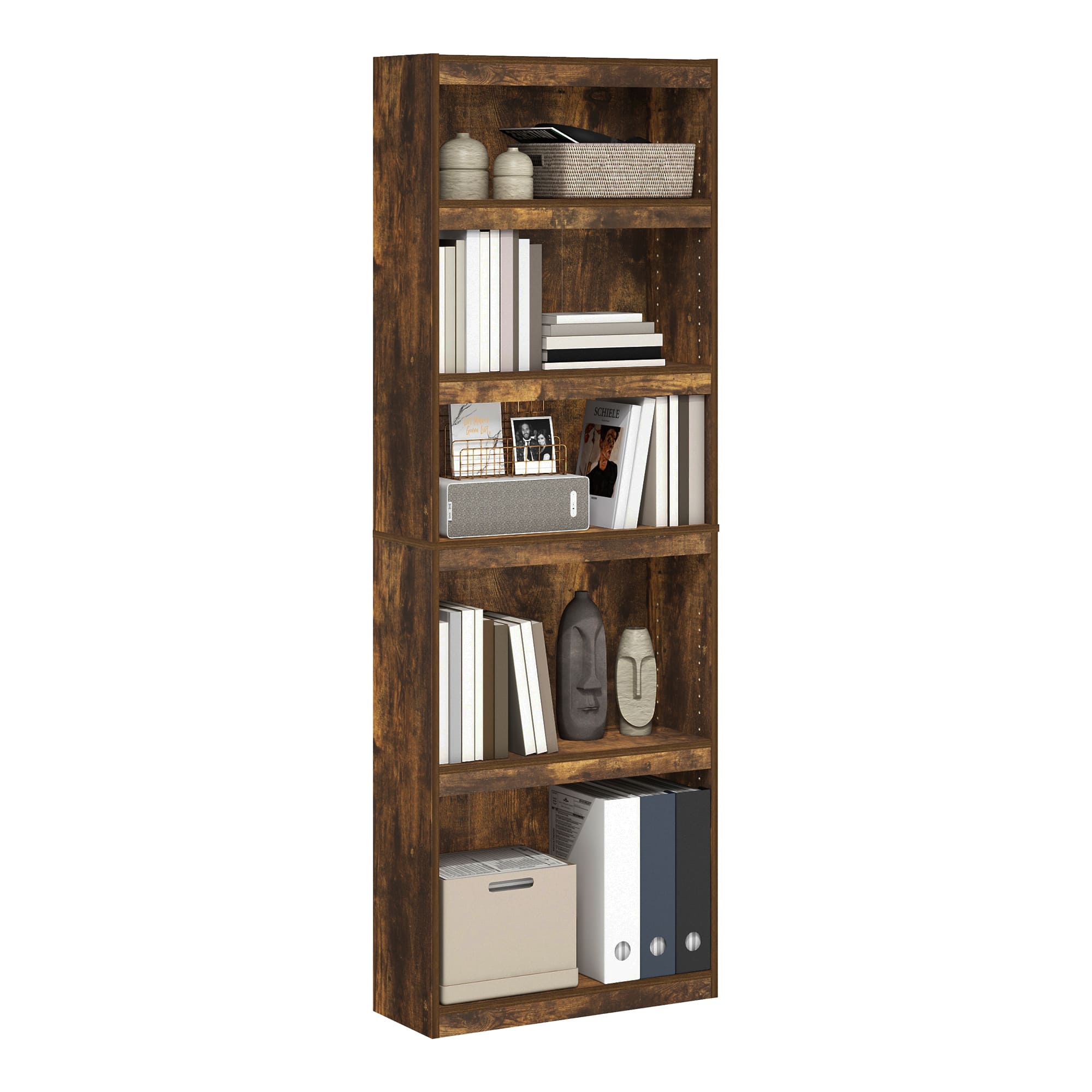 Furinno - JAYA Book Shelf, 5-Tier Bookshelf, Bookcase, with Adjustable Shelves, 9.5 x 24.5 x 71.1, for Home Office, Living Room - Amber Oak
