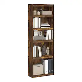Furinno - JAYA Book Shelf, 5-Tier Bookshelf, Bookcase, with Adjustable Shelves, 9.5 x 24.5 x 71.1, for Home Office, Living Room - Amber Oak
