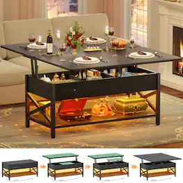 Aheaplus - Convertible Lift Top Coffee Table: LED Lights & Power Outlet, Multi-Function Center Table for Living Room - Black