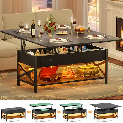 Front. Aheaplus - Convertible Lift Top Coffee Table: LED Lights & Power Outlet, Multi-Function Center Table for Living Room - Black.