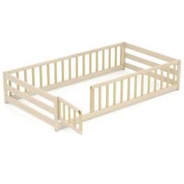 Costway - Twin Size Floor Bed with Door & Fence with Safety Guardrails & Slats Support - Beige