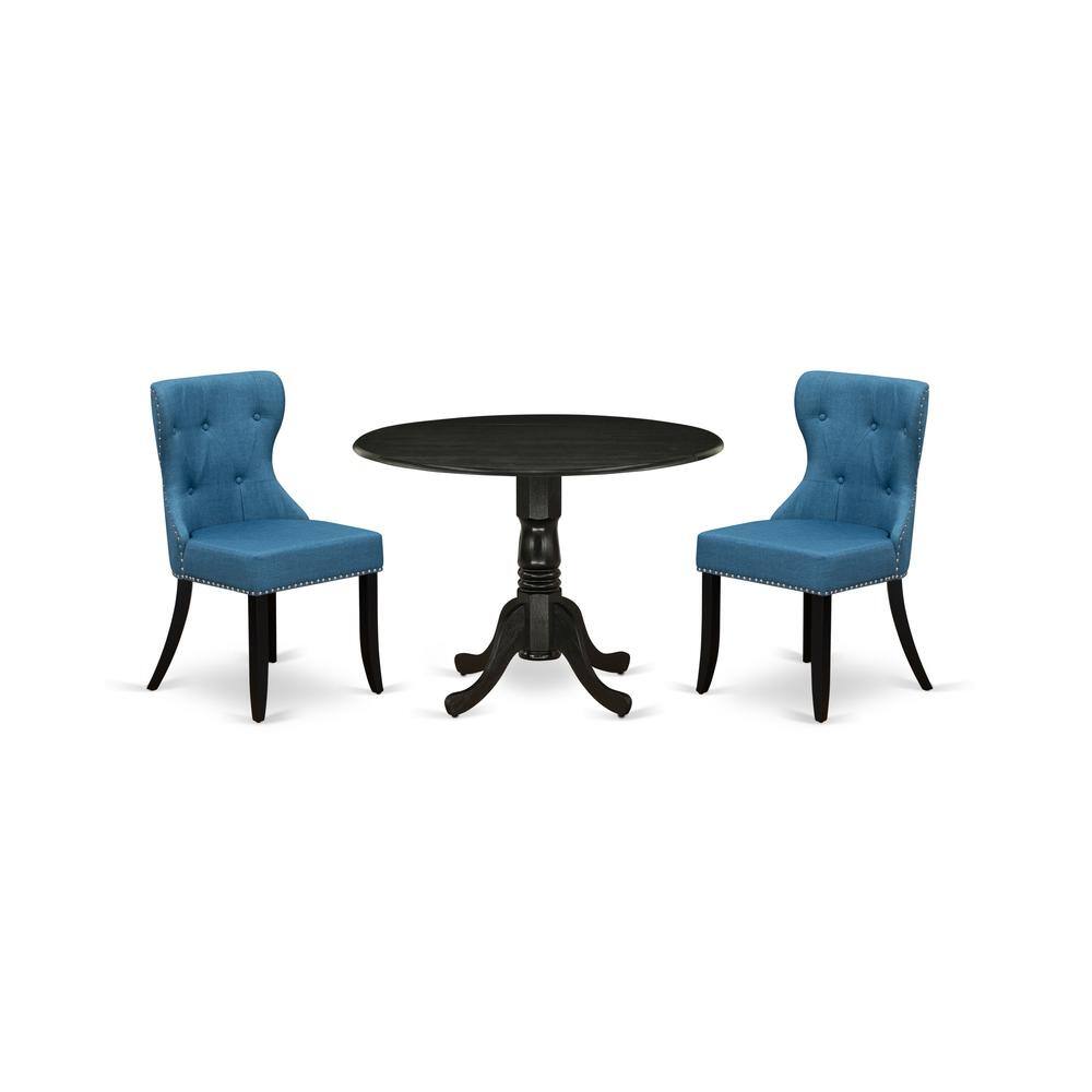 Left. East West Furniture - East-West Furniture DLSI3-ABK-21 - A dining table set of 2 excellent parson chairs using Linen Fabric Mineral Blue - Wirebrushed Black.