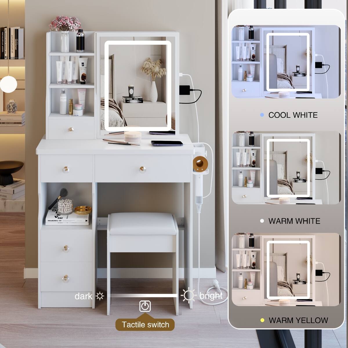 assenteratory

COOL WHITE

SOULLE
your
G
A ... MARTERS Y
x
WARM WHITE
dark
bright
Tactile switch
WARM YELLOW