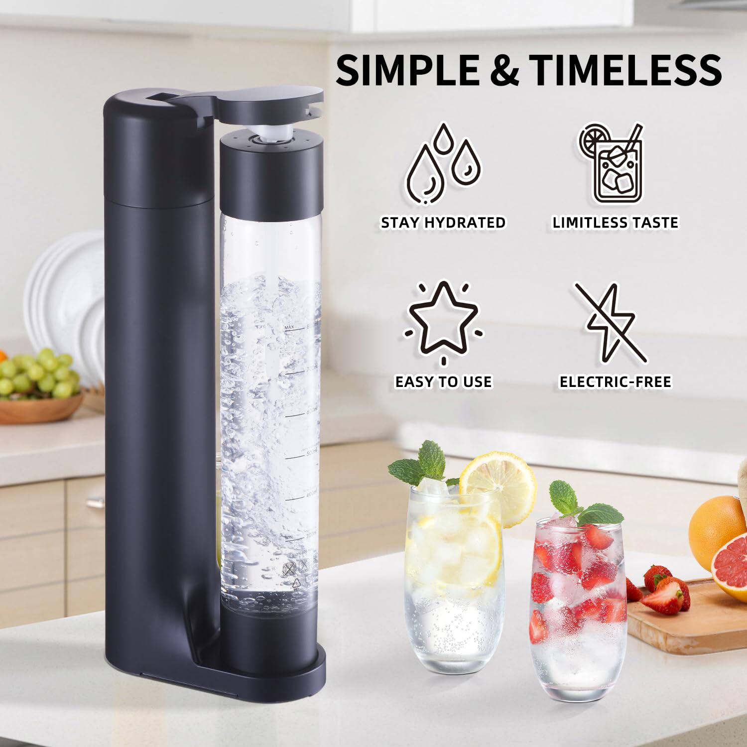 SIMPLE & TIMELESS

- STAY HYDRATED
- LIMITLESS TASTE
- EASY TO USE
- ELECTRIC-FREE