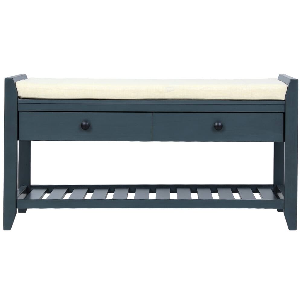 Left. Ropilly - Ropilly Antique Navy Entryway Storage Bench with Shoe Rack and Cushioned Seat, Pine Wood Hallway Bench - Antique Navy.