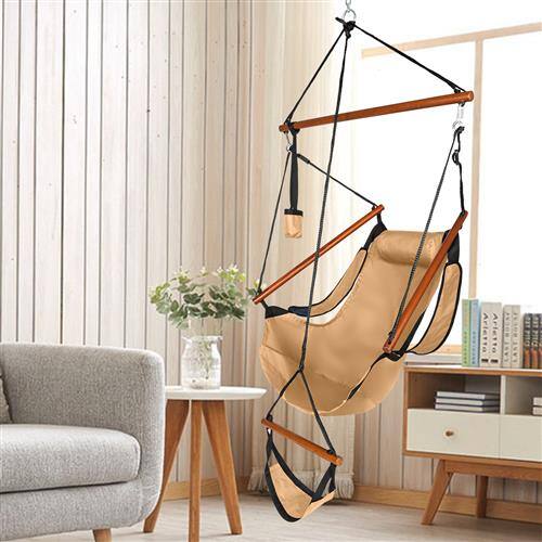 Alt View 8. Winado - 1PC Hammock Hanging Sky Chair, Air Deluxe Swing Seat with Cup Holder, Wooden Stick, Chain for Indoor Outdoor Garden - Brown.