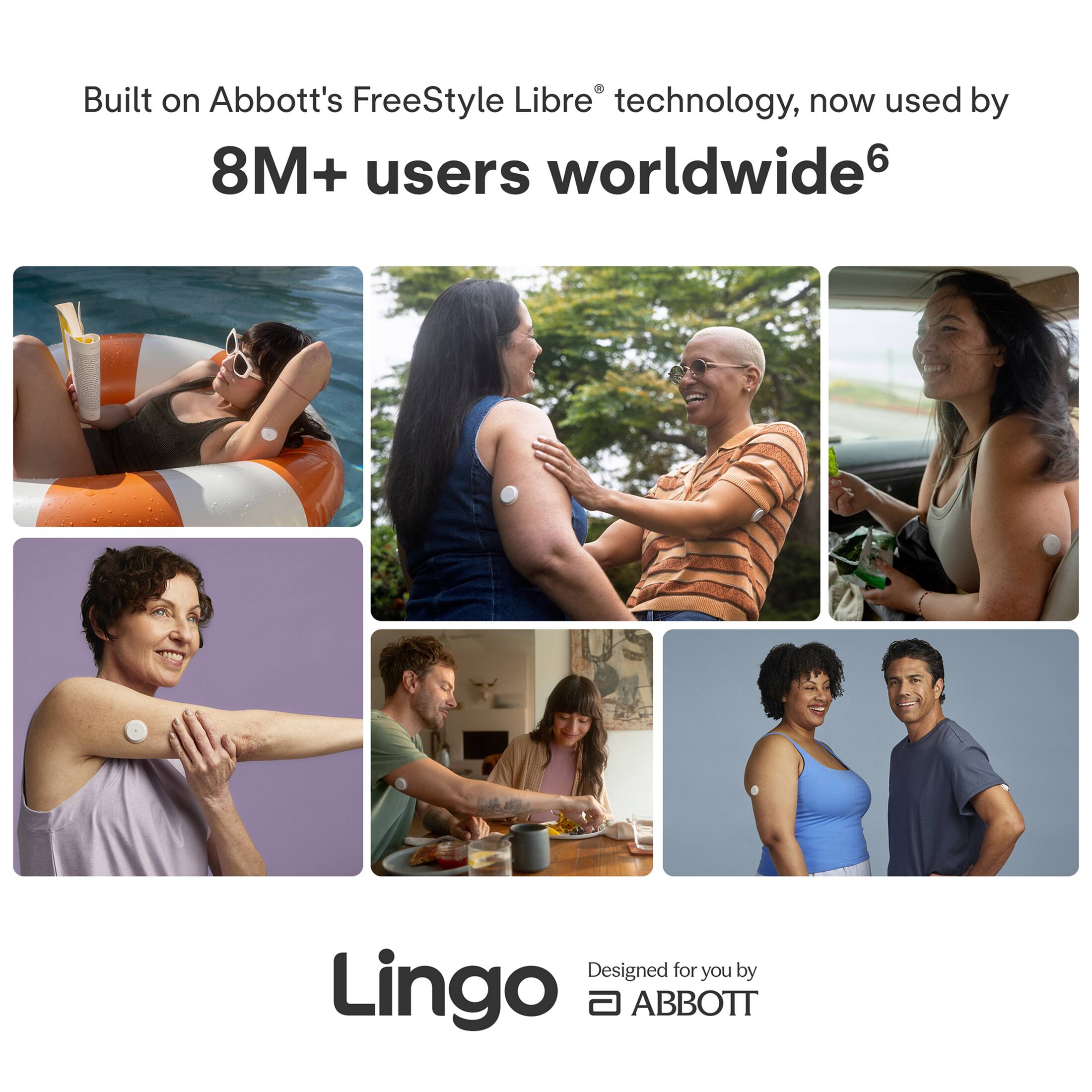 Built on Abbott's FreeStyle Libre® technology, now used by 8M+ users worldwide⁶

Designed for you by Lingo a ABBOTT