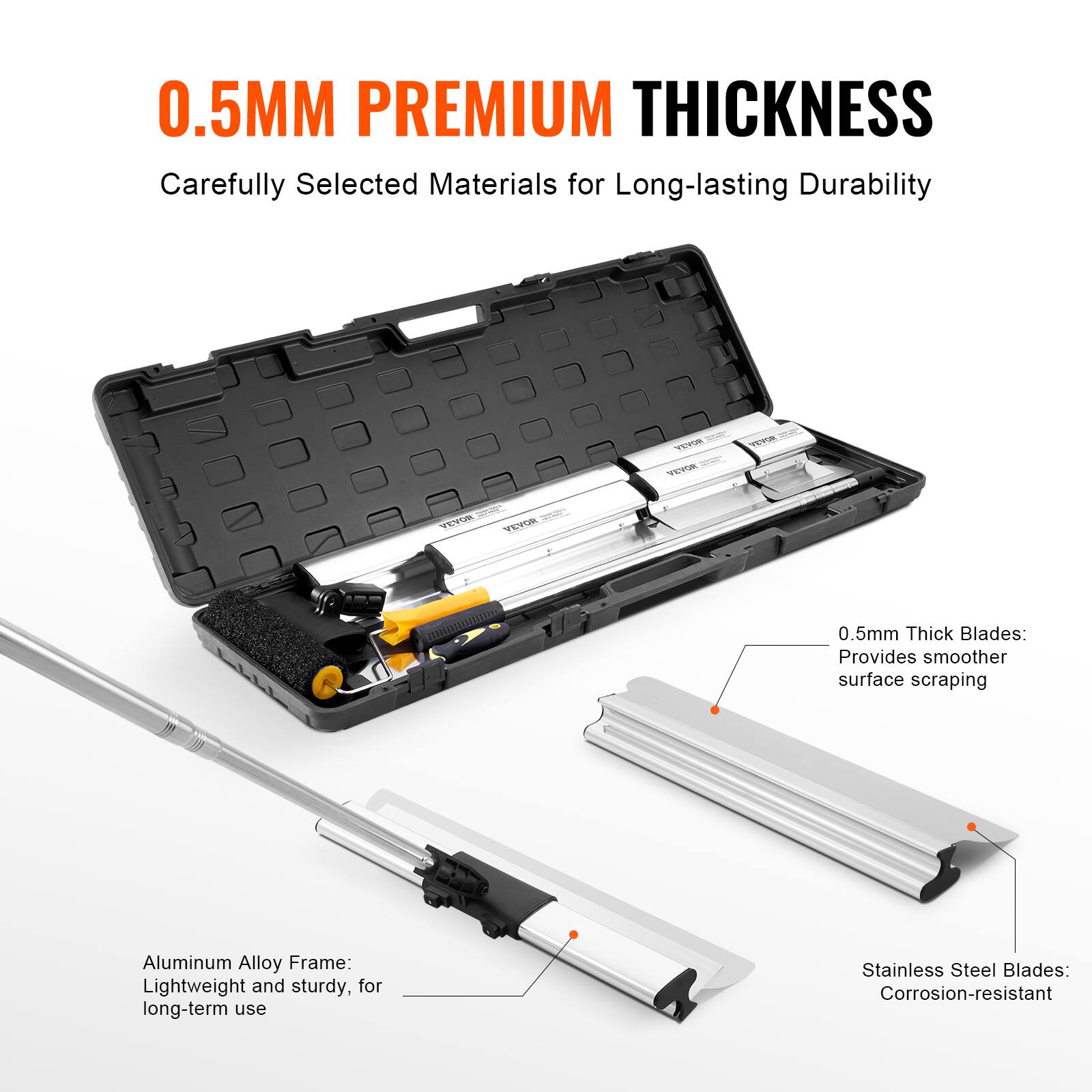 0.5MM PREMIUM THICKNESS  
Carefully Selected Materials for Long-lasting Durability  

0.5mm Thick Blades: Provides smoother surface scraping  
Aluminum Alloy Frame: Lightweight and sturdy, for long-term use  
Stainless Steel Blades: Corrosion-resistant