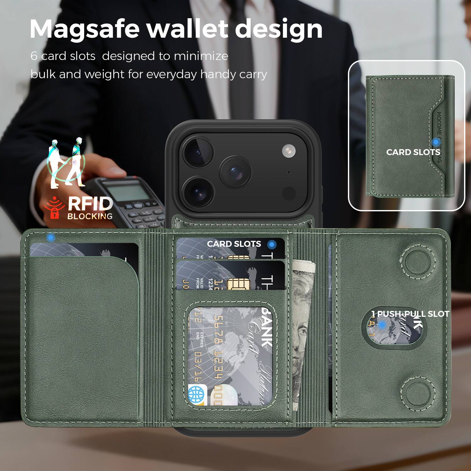 Magsafe wallet design

6 card slots designed to minimize bulk and weight for everyday handy carry

RFID BLOCKING

CARD SLOTS

1 PUSH-PULL SLOT