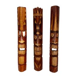 Zeckos - 40 Inch Carved Wood Tiki God Masks Tropical Beach Hawaiian Home Decor Set of 3 - Brown