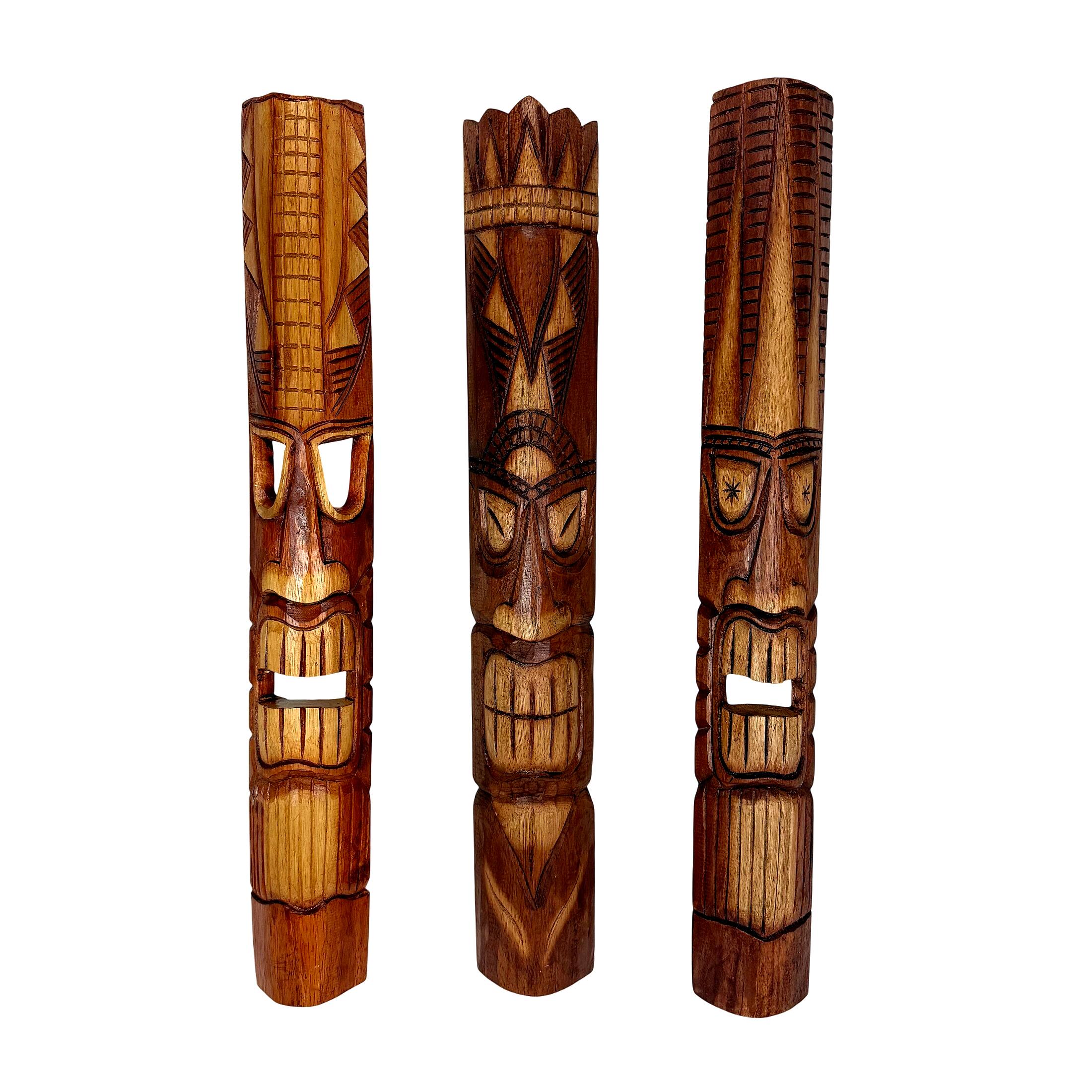 Zeckos - 40 Inch Carved Wood Tiki God Masks Tropical Beach Hawaiian Home Decor Set of 3 - Brown