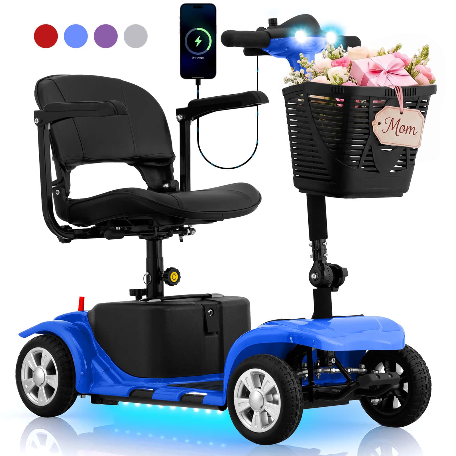 Hover Heart - Heavy Duty 4 Wheel Mobility Scooter for Adults & Seniors - Portable Electric Travel Scooter with Seat, LED Light, Basket - Blue