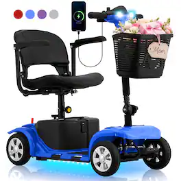 Hover Heart - Heavy Duty 4 Wheel Mobility Scooter for Adults & Seniors - Portable Electric Travel Scooter with Seat, LED Light, Basket - Blue
