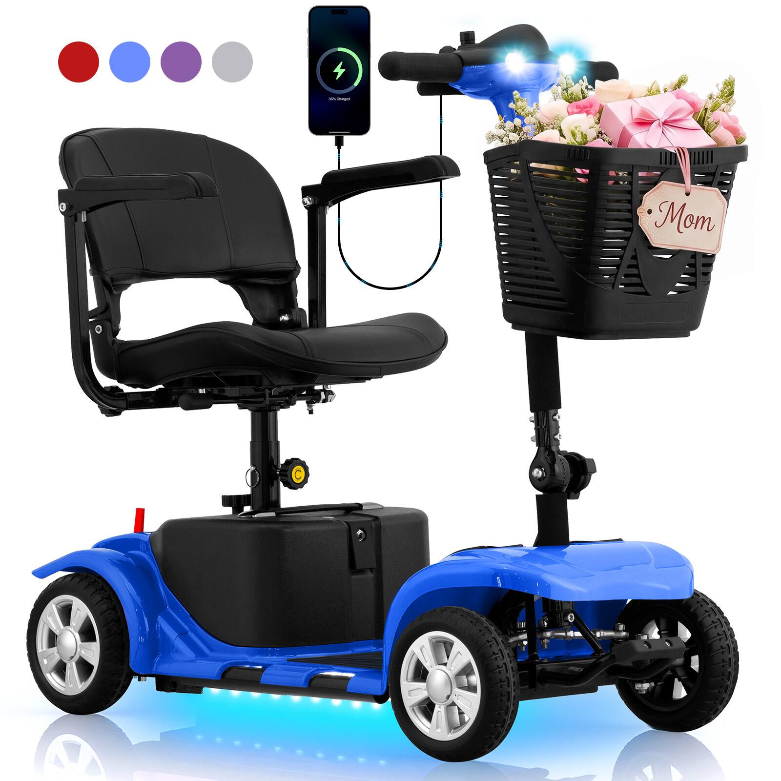 Front. Hover Heart - Heavy Duty 4 Wheel Mobility Scooter for Adults & Seniors - Portable Electric Travel Scooter with Seat, LED Light, Basket - Blue.