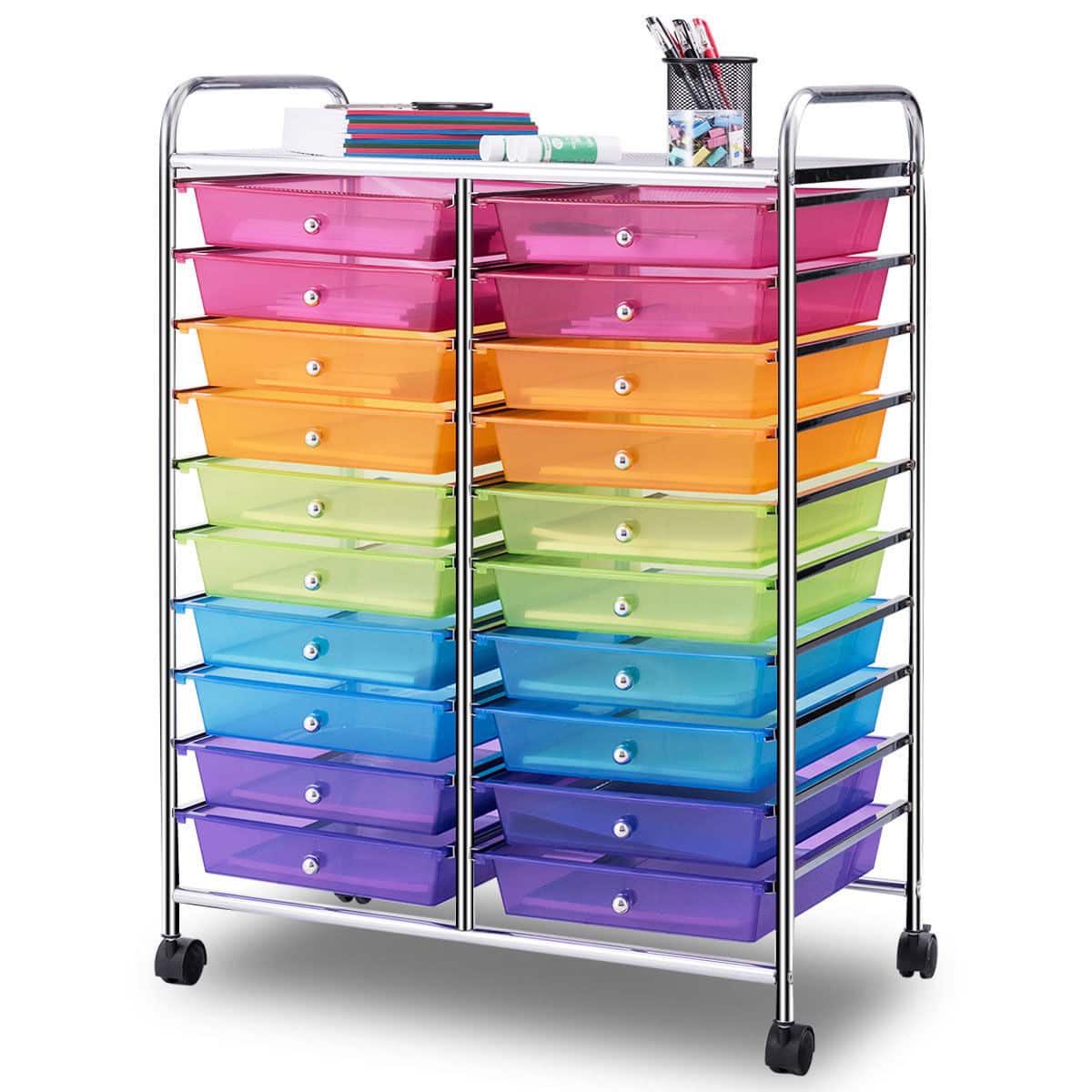Gymax - Office Rolling Cart 20 Storage Drawers Scrapbook Paper Studio Organizer Mutlicolor - Red, Orange, Green, Blue and Violet