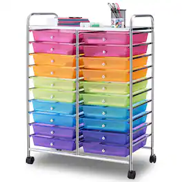 Gymax - Office Rolling Cart 20 Storage Drawers Scrapbook Paper Studio Organizer Mutlicolor - Red, Orange, Green, Blue and Violet