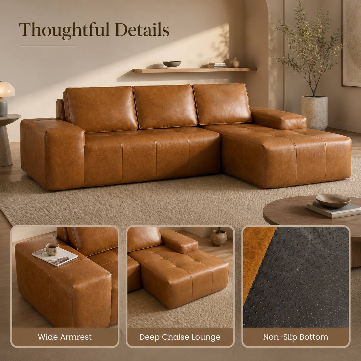 Thoughtful Details  
Wide Armrest  
Deep Chaise Lounge  
Non-Slip Bottom