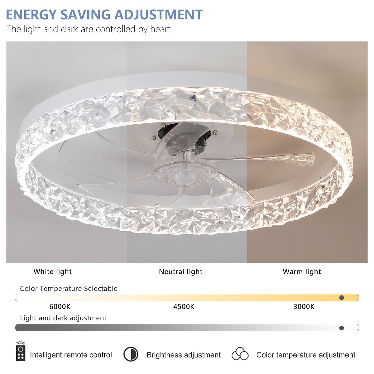 ENERGY SAVING ADJUSTMENT  
The light and dark are controlled by heart  

White light  
Neutral light  
Warm light  
Color Temperature Selectable  
6000K  
4500K  
3000K  
Light and dark adjustment  

Intelligent remote control  
Brightness adjustment  
Color temperature adjustment