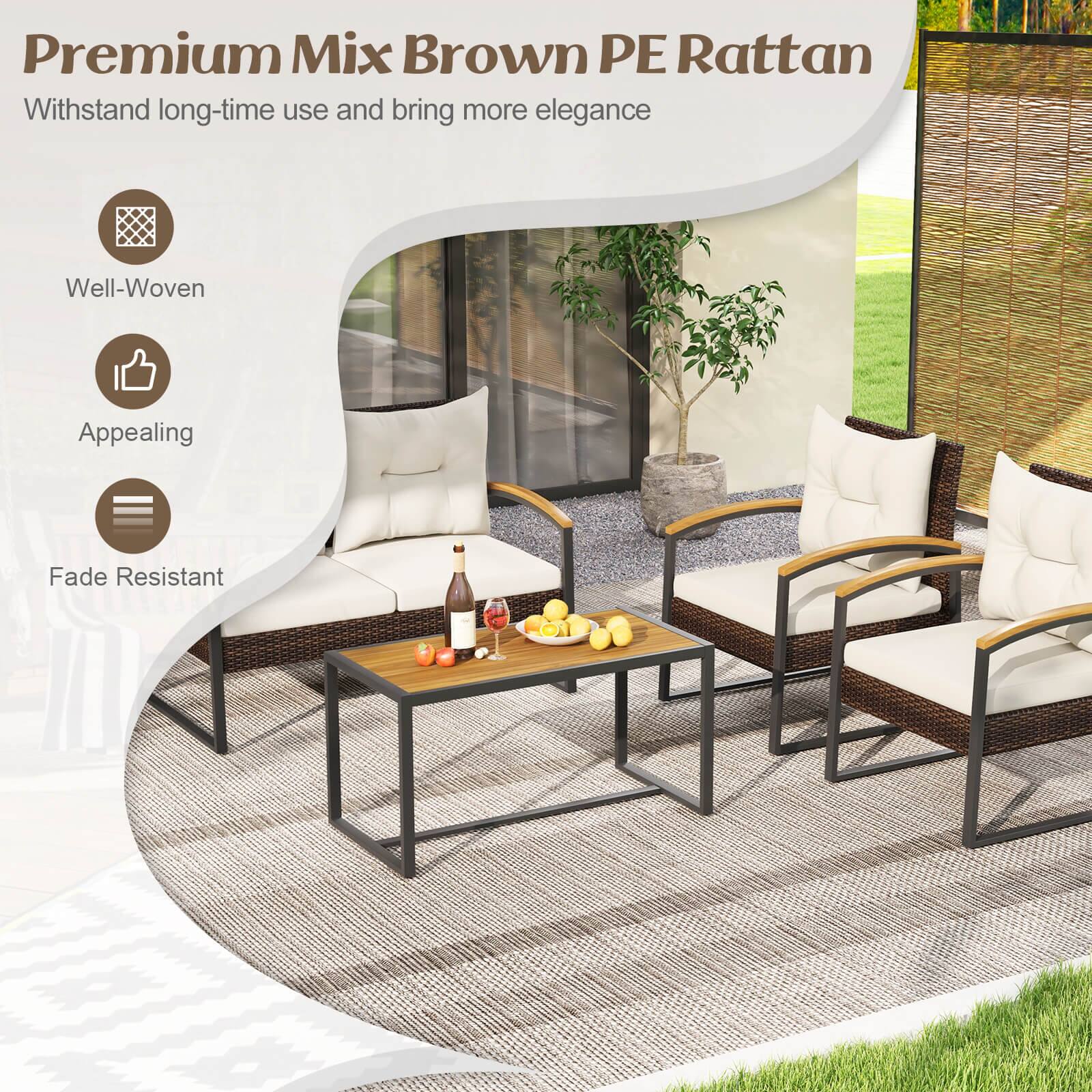 Premium Mix Brown PE Rattan is a durable and long-lasting outdoor furniture option that brings a touch of elegance to any patio or backyard setting. The well-woven design of the furniture is both appealing and fade resistant, ensuring that it remains attractive and functional for years to come.