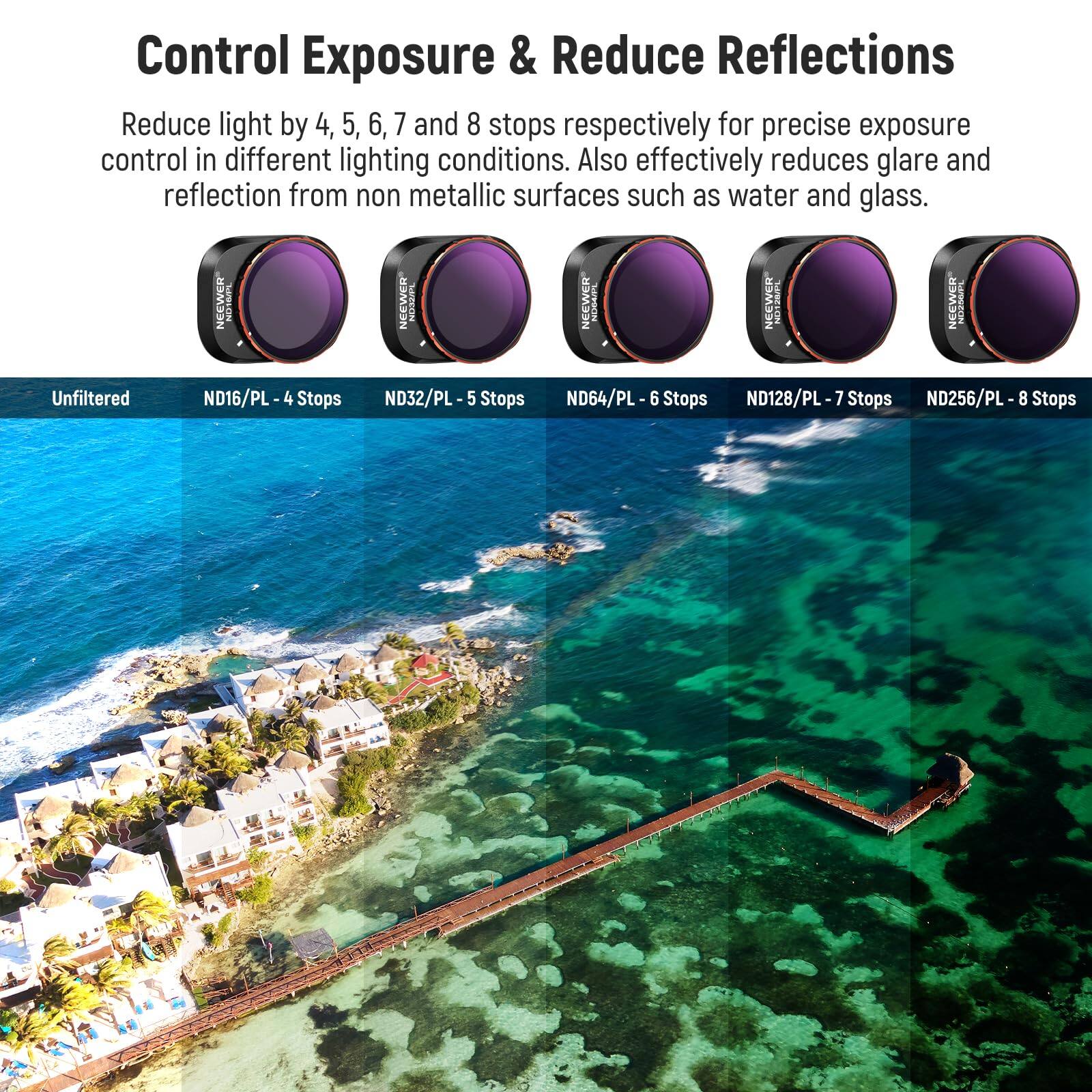 Control Exposure & Reduce Reflections

Reduce light by 4, 5, 6, 7 and 8 stops respectively for precise exposure control in different lighting conditions. Also effectively reduces glare and reflection from non metallic surfaces such as water and glass.

NEEWER

Unfiltered
ND16/PL - 4 Stops
ND32/PL - 5 Stops
ND64/PL - 6 Stops
ND128/PL - 7 Stops
ND256/PL - 8 Stops