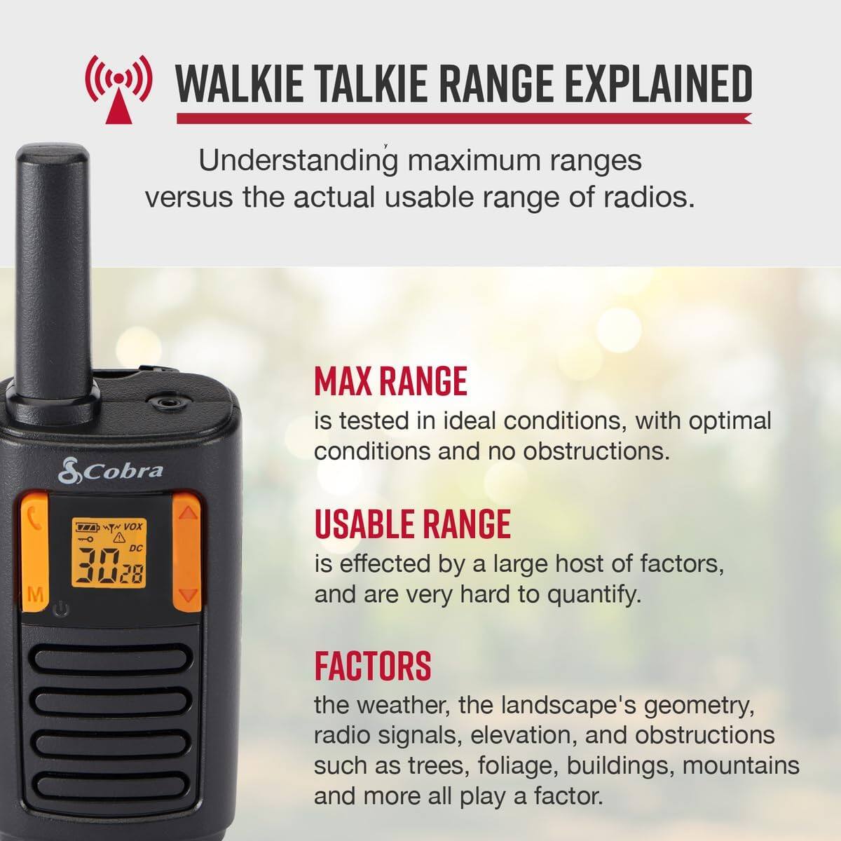 WALKIE TALKIE RANGE EXPLAINED  
Understanding maximum ranges versus the actual usable range of radios.  

C M & Cobra  

VOX DC 30  
MAX RANGE is tested in ideal conditions, with optimal conditions and no obstructions.  

USABLE RANGE is effected by a large host of factors, and are very hard to quantify.  

FACTORS  
the weather, the landscape's geometry, radio signals, elevation, and obstructions such as trees, foliage, buildings, mountains and more all play a factor.