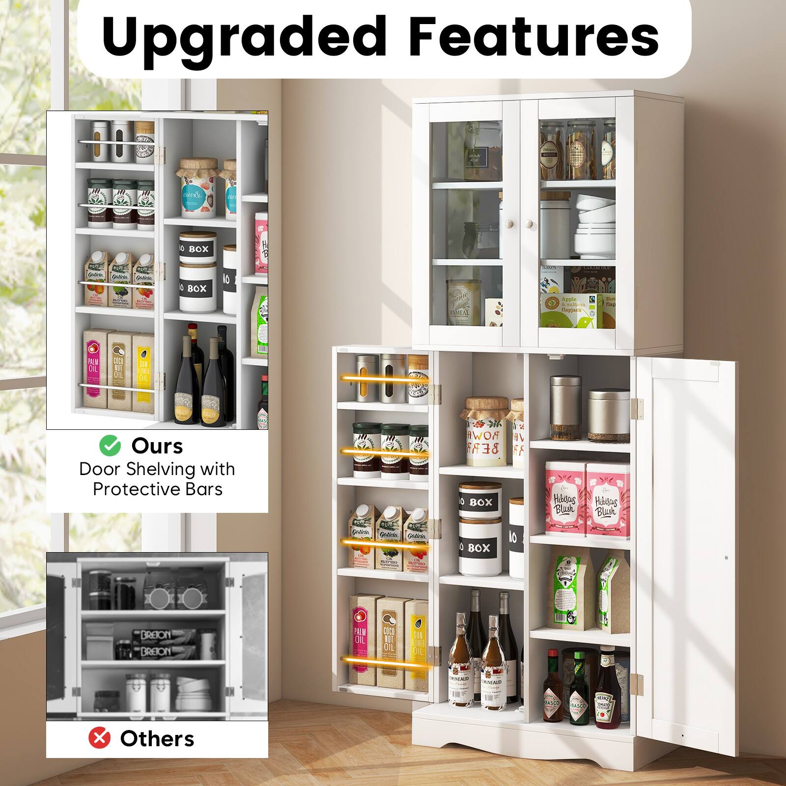 Upgraded Features

Ours: Door Shelving with Protective Bars

Others: 
- BOX
- Hidos Blush
- Breion
- Oil
- Panco