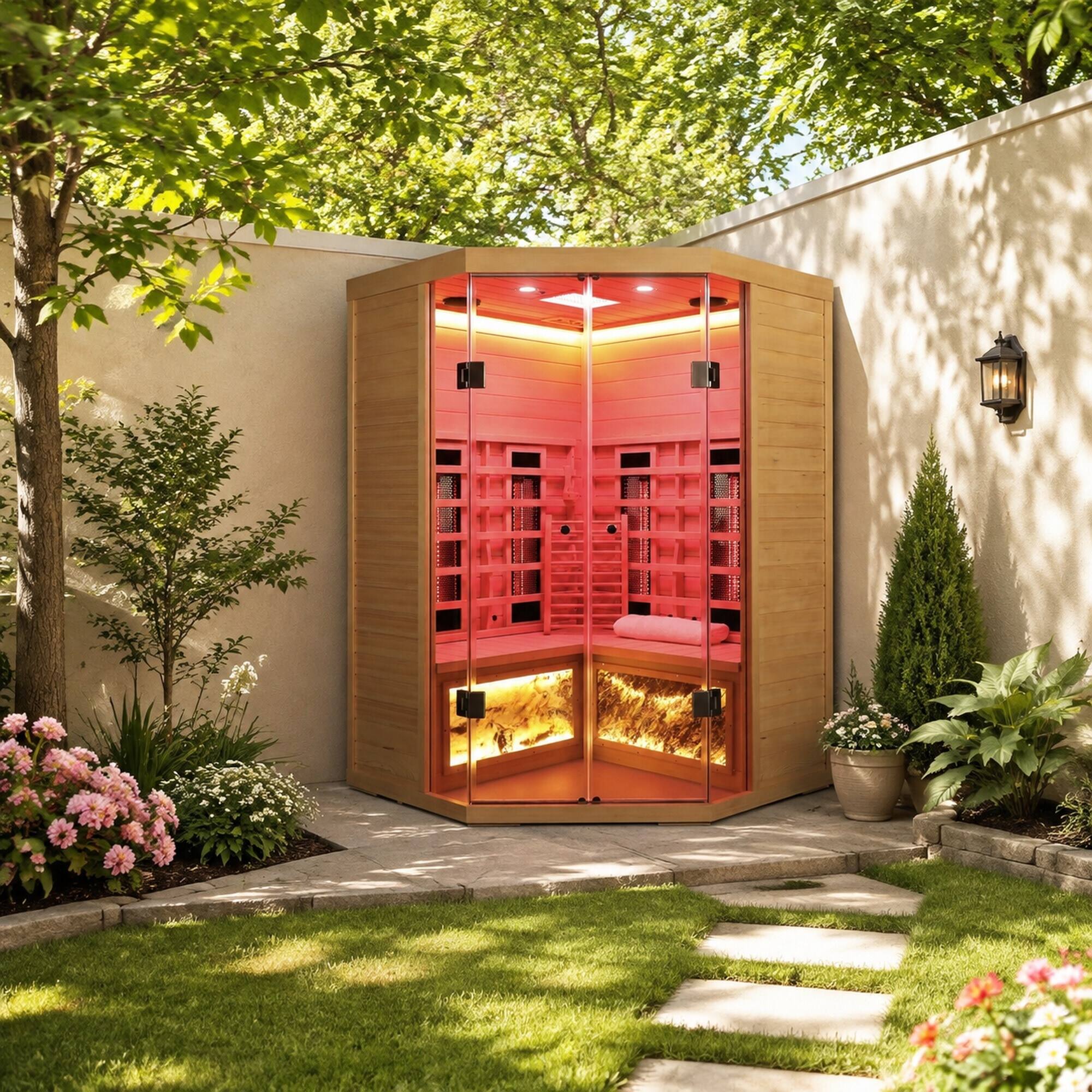 Alt View 2. RYHNUYNE - 5-Person Hemlock Far-Infrared Sauna, S Model, Canadian Eastern Hemlock, Low EMF Carbon Crystal Heaters, Home Relaxation - Natural.