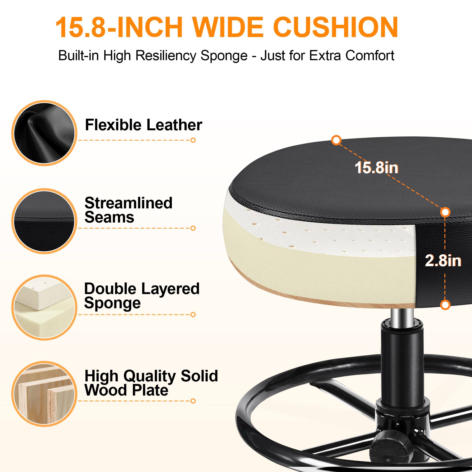 15.8-INCH WIDE CUSHION  
Built-in High Resiliency Sponge - Just for Extra Comfort  

- Flexible Leather  
- Streamlined Seams  
- Double Layered Sponge  
- High Quality Solid Wood Plate  

15.8in  
2.8in